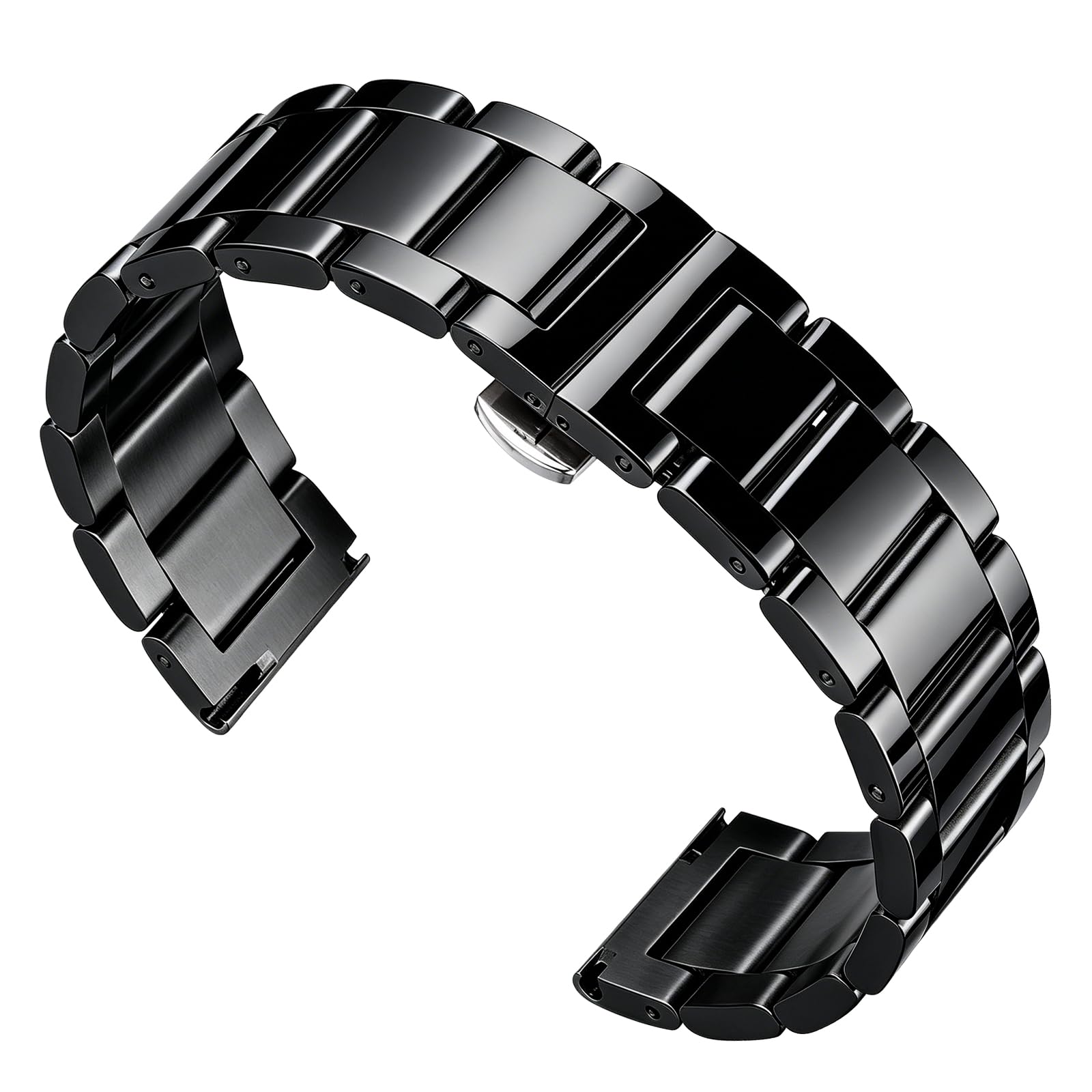 BINLUN Stainless Steel Watch Band, Heavy Duty Metal Replacement Strap with Polished & Matte Brushed Finish for Men and Women, 16mm-26mm(Polished Black,26mm)