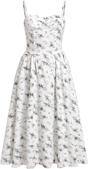 OBEEII Women Corset Dress Floral Bustier Midi Dress Flowy Spaghetti Straps Low Cut Summer Sun Dress