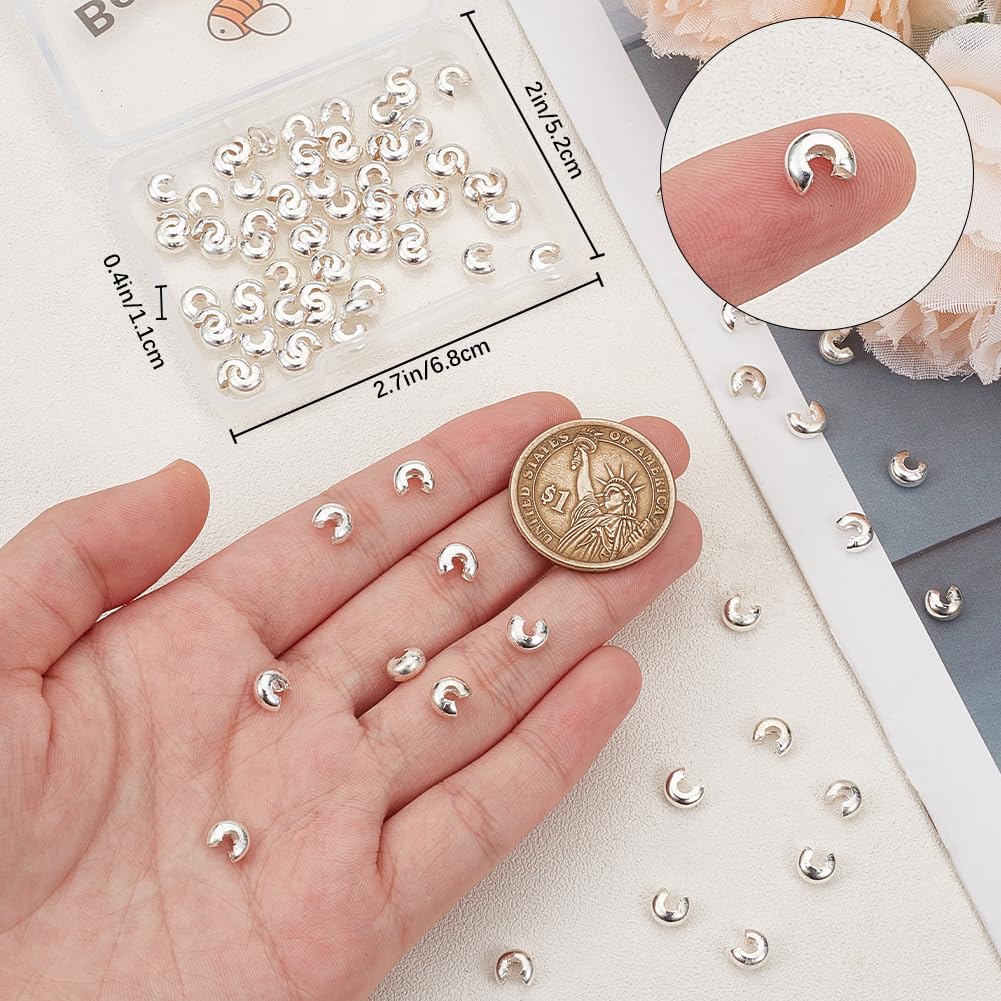 Beebeecraft 80Pcs 4 Size 925 Sterling Verzilverd Crimp End Caps Glad Lijm-in Lederen Koord Barrel End Tip met Loop Ring voor Lederen Koord Armbanden Sieraden Maken