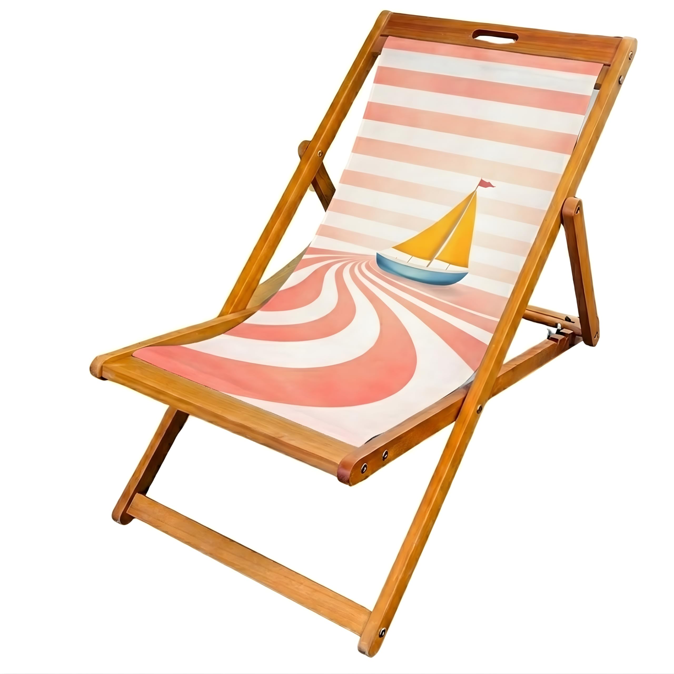Lister Cartwright Wooden Folding Deck Chair with Fabric Sling – Adjustable Reclining Garden Chair, Beach Chair, Patio Lounger, Outdoor Seating(Coral Sailboat)