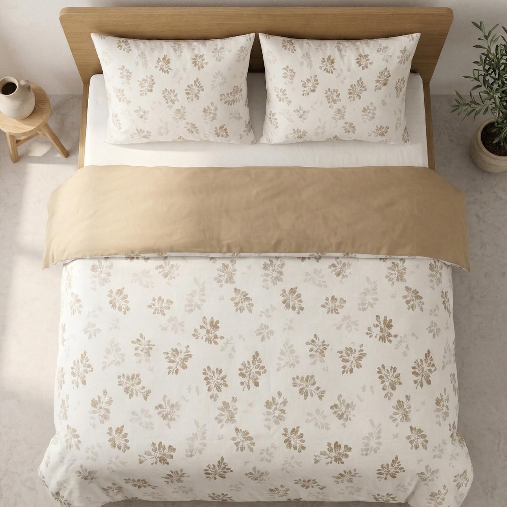 Juego Funda nórdica Cama 180/200 100% algodón, Funda edredón 260x240 cm + 2 Funda Almohada 50x90 cm, Estampado Floral, Taupe.