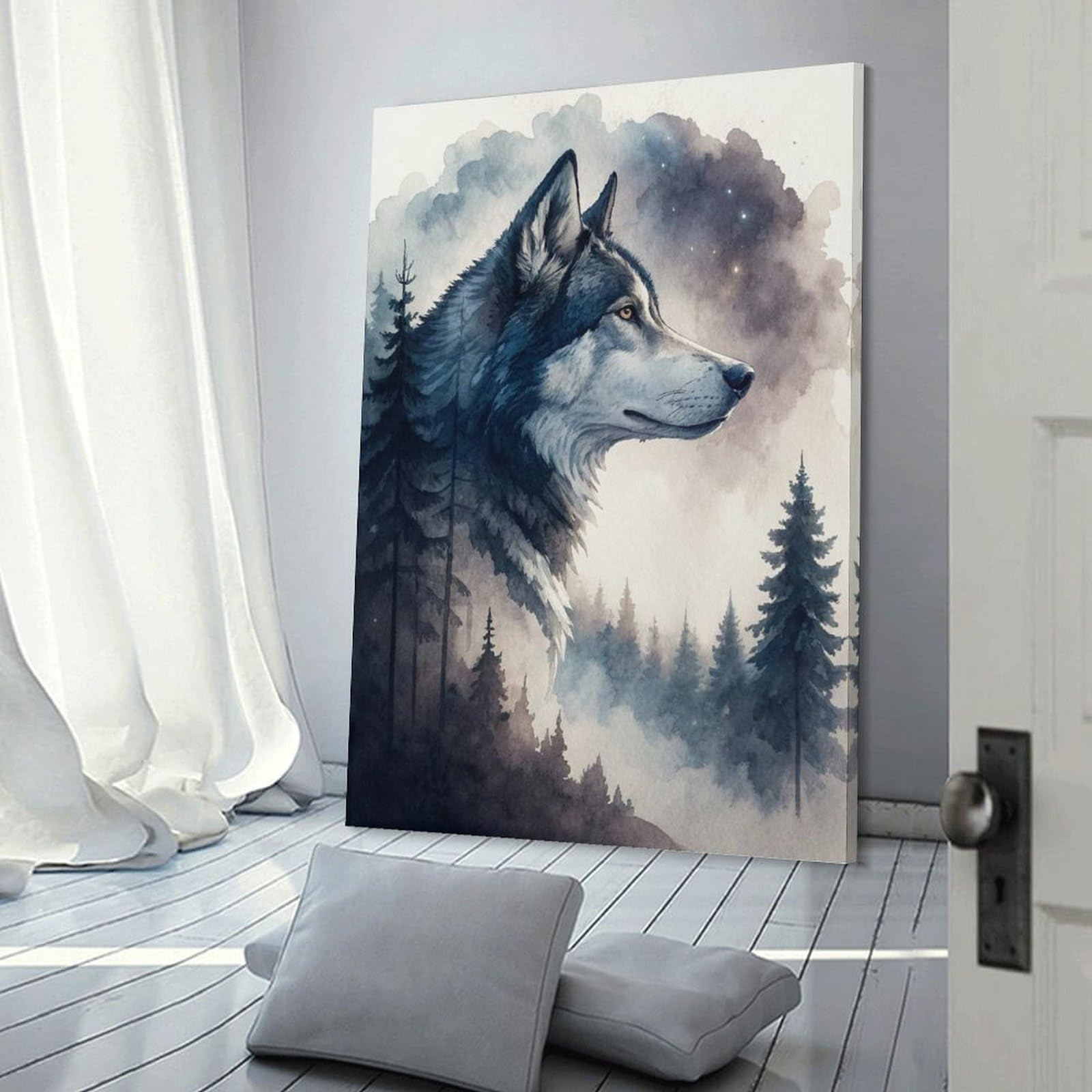 Junmoney Canvas Art Print Wolf in A Misty Forest, 24x36inch(60x90cm), for Office, Study Or Home Workspace, Home Office Artwork with Decorative Appeal