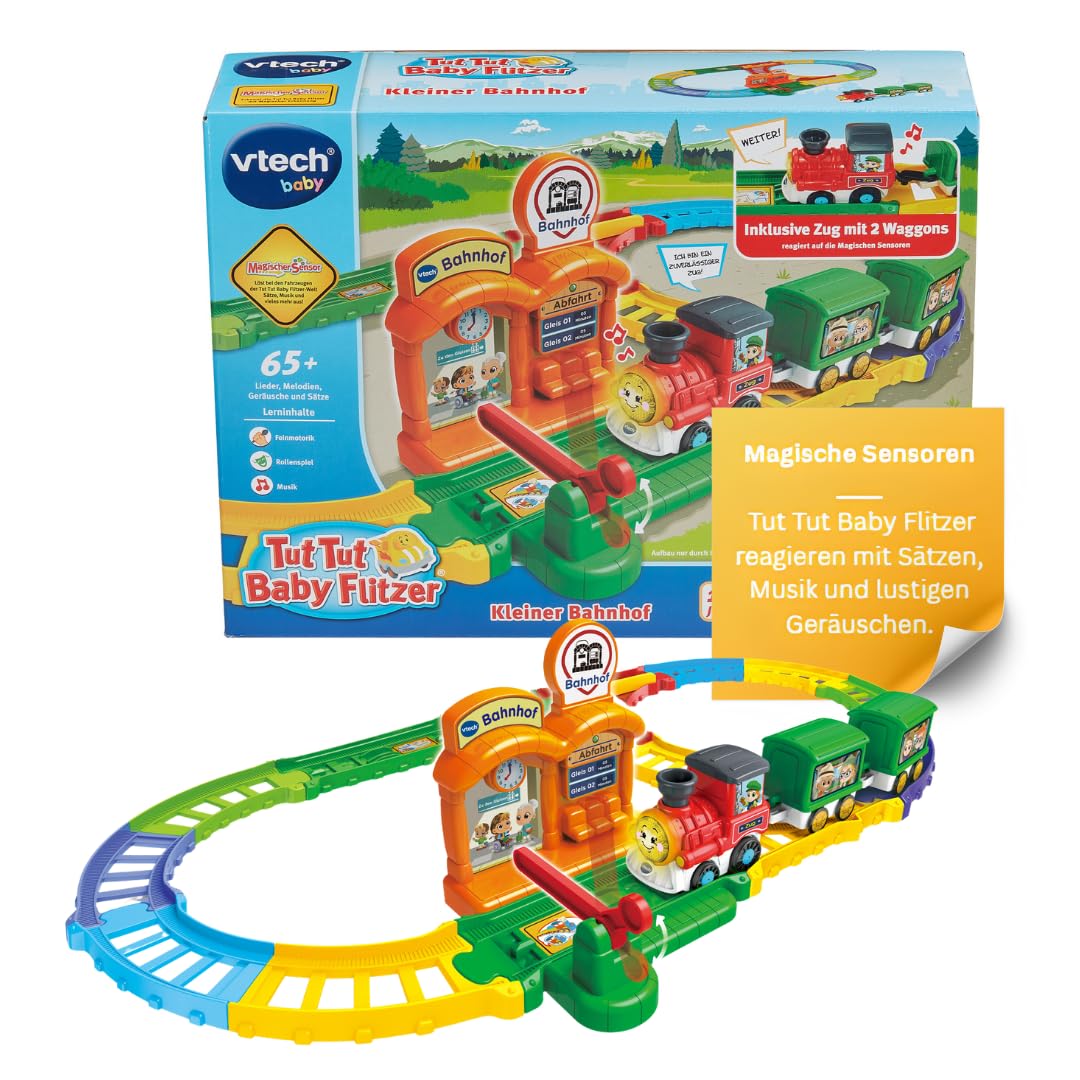 VTech TUT TUT Baby Flitzer Kleiner Bahnhof – Interaktives Spielset mit Zug, Schranke, Weichen & Magischen Sensoren für Kleinkinder – Musik, Geräusche & Lernspaß