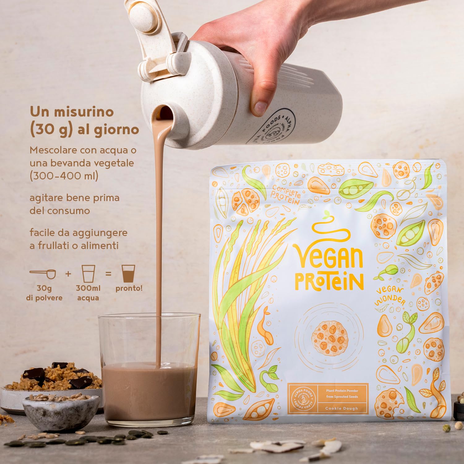Proteine in Polvere Vegane | Gusto Cookie Dough | 21g Proteine Vegetali Isolate in Polvere di Pisello, Riso, Girasole e Soia | Massa Muscolare | 1.2kg Vegan Protein Powder | Alpha Foods