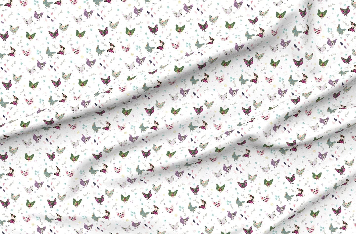 Spoonflower Fabric - Patchwork Pink Floral Flowers Country Hen Chicken Shabby Chic Printed on Organic Cotton Sateen Fabric by The Yard - Sewing Quilting Apparel Home Decor