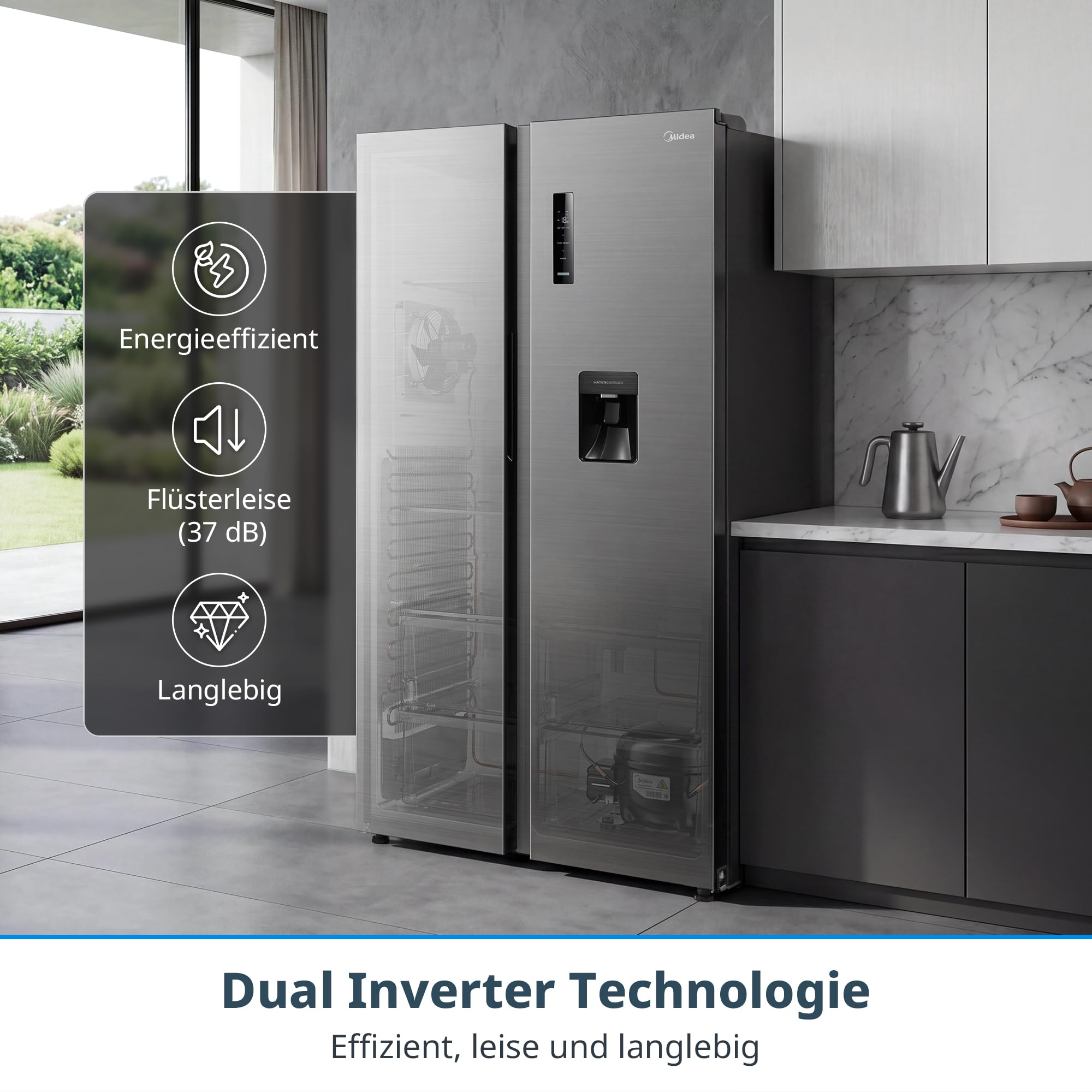 Midea Side-by-Side Kühlschrank 553L No Frost Kühl-Gefrierkombination Wasserspender 37 dB Inverter Motor Steel Gray MDRS710FGD46W