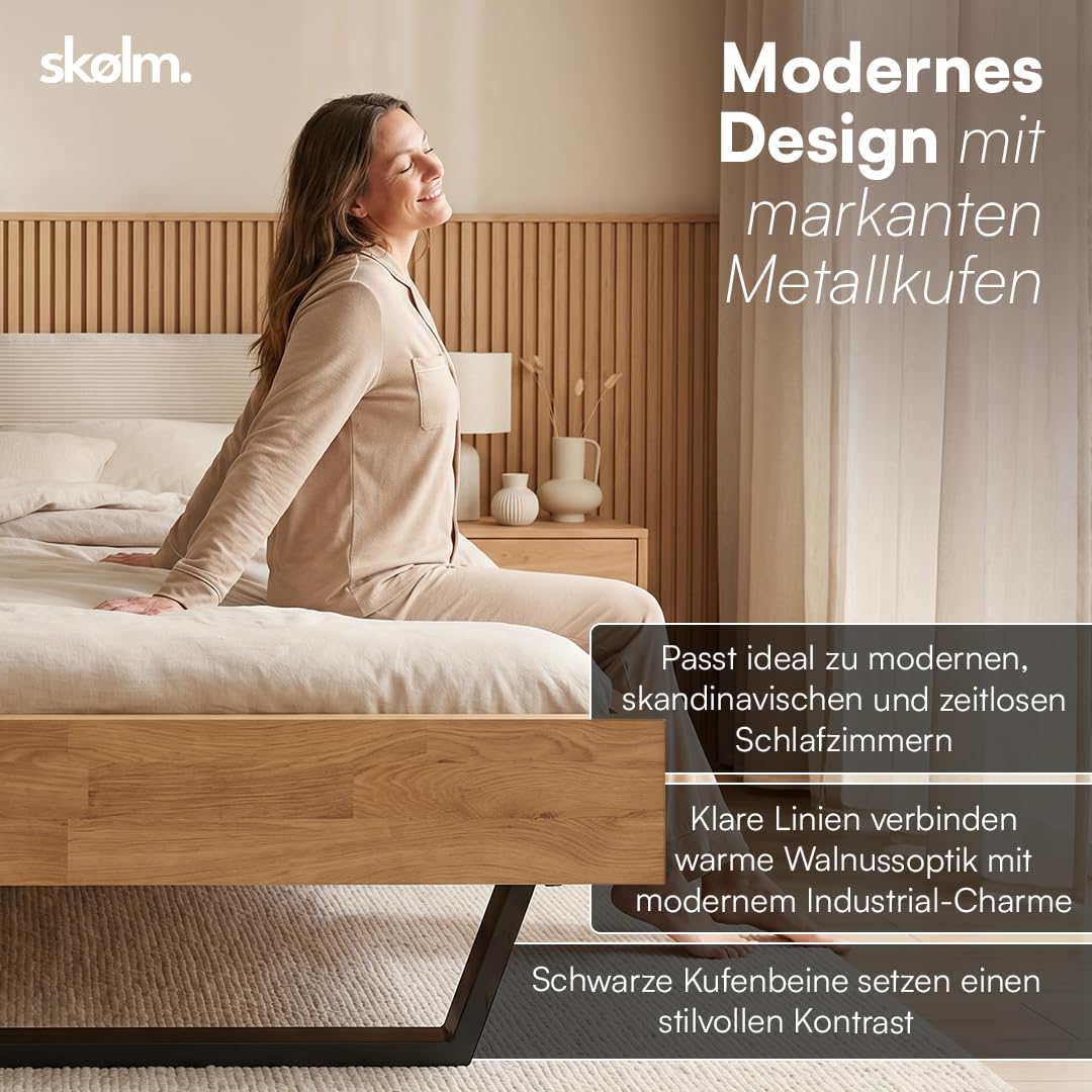 skølm Alver Massivholzbett Eiche 180x200cm, Bettkopf Cord Beige, in Natur