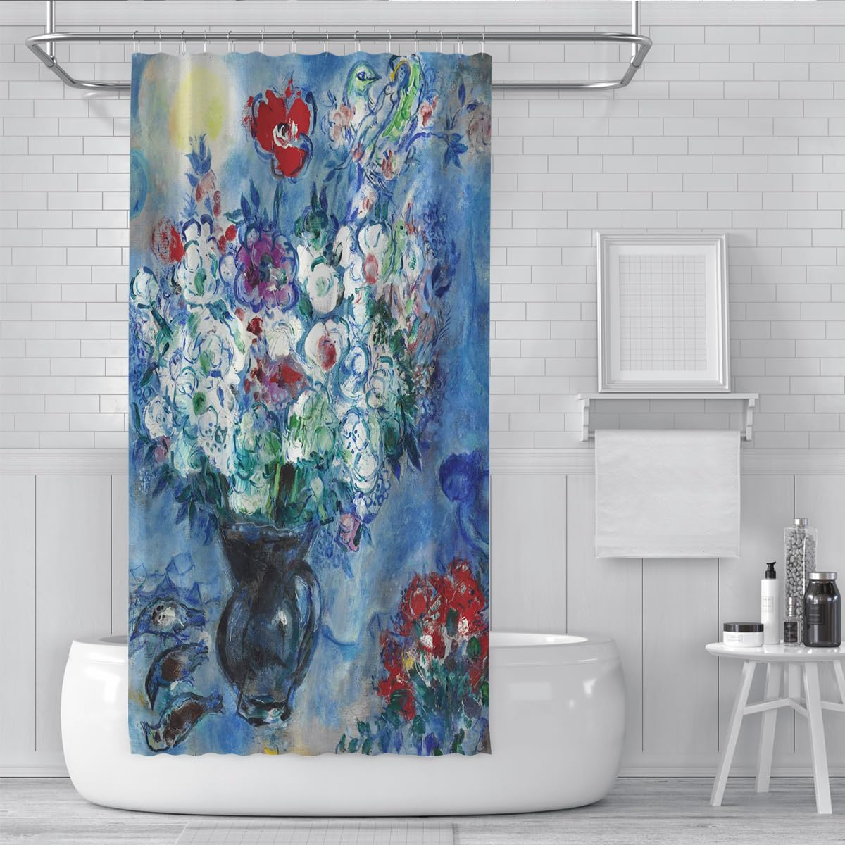 Bouquet surrealista in vaso nero con tenda doccia da sogno e fantasioso con fiori 200 x 240 cm