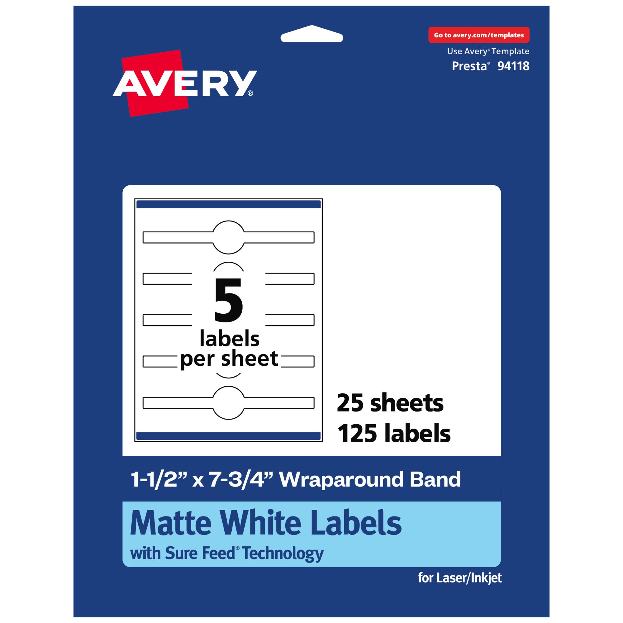 Avery Matte White Wraparound Band Labels, Sure Feed Technology, 1.5" x 7.75", Cigar Band Labels, Print-to-The-Edge, Permanent Adhesive, Laser/Inkjet