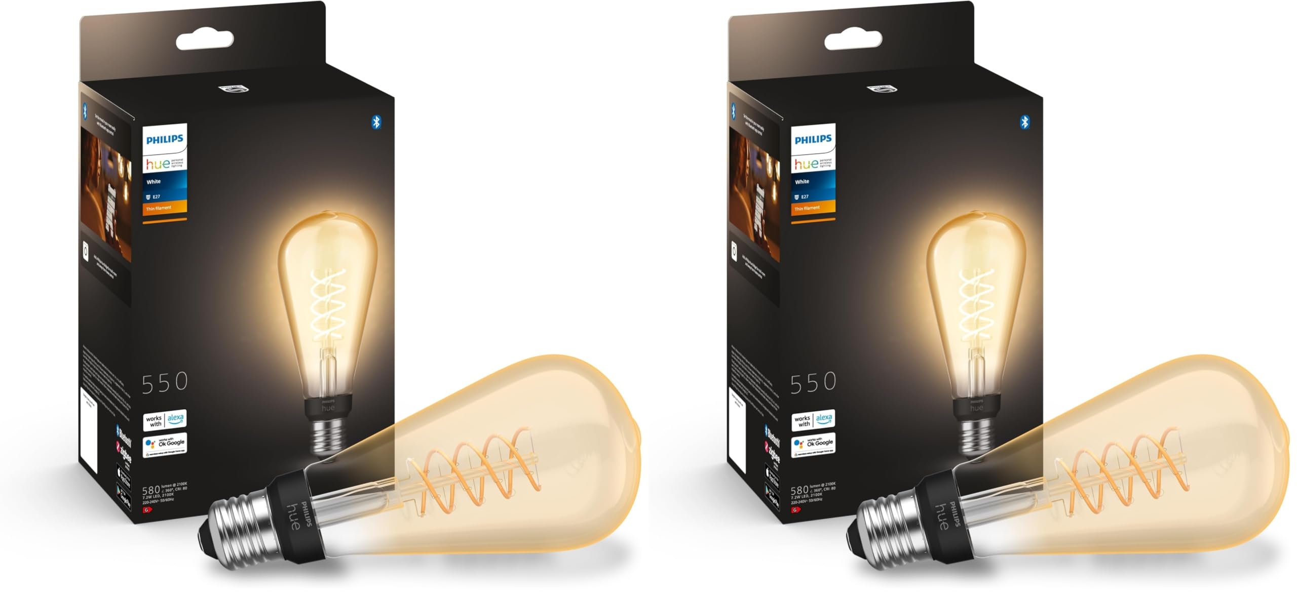 Philips Hue White E27 Große Edison Filament ST72 550lm, warmweißes Licht, dimmbar, steuerbar via App, kompatibel mit Amazon Alexa (Echo, Echo Dot), 2er Pack