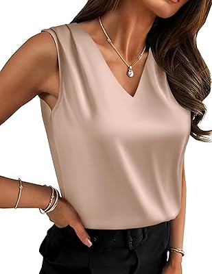 Zeagoo Women's Silk Satin Camisole Tank Tops V Neck Pleated Dressy Casual Sleeveless Blouses Summer Business Work Shirts