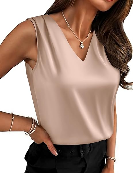 Zeagoo Women's Silk Satin Camisole Tank Tops V Neck Pleated Dressy Casual Sleeveless Blouses Summer Business Work Shirts