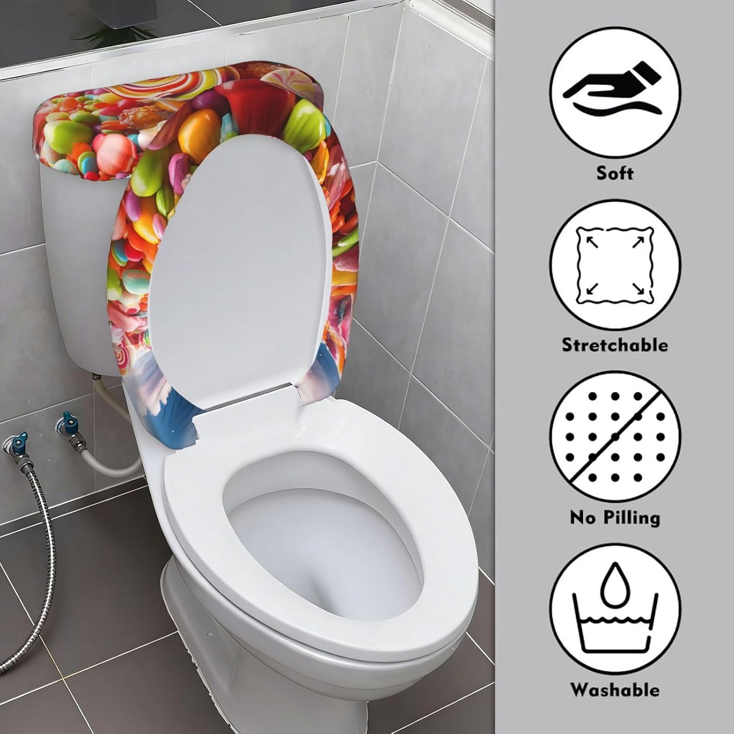 Rainbow Candy Toilet Tank Cover And Toilet Lid Cover Set Stretch Bathroom Toilet Lid Seat Cover