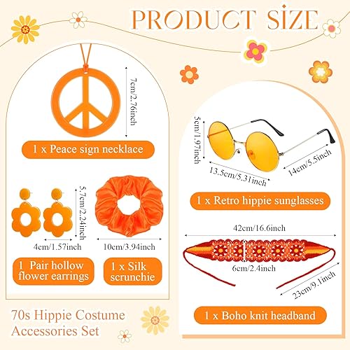 Miniatura 3 de Remuuly 5 piezas de accesorios hippie de los años 60 y 70 para mujer, diadema de punto de flores, trajes retro de los años 70, disfraz hippie