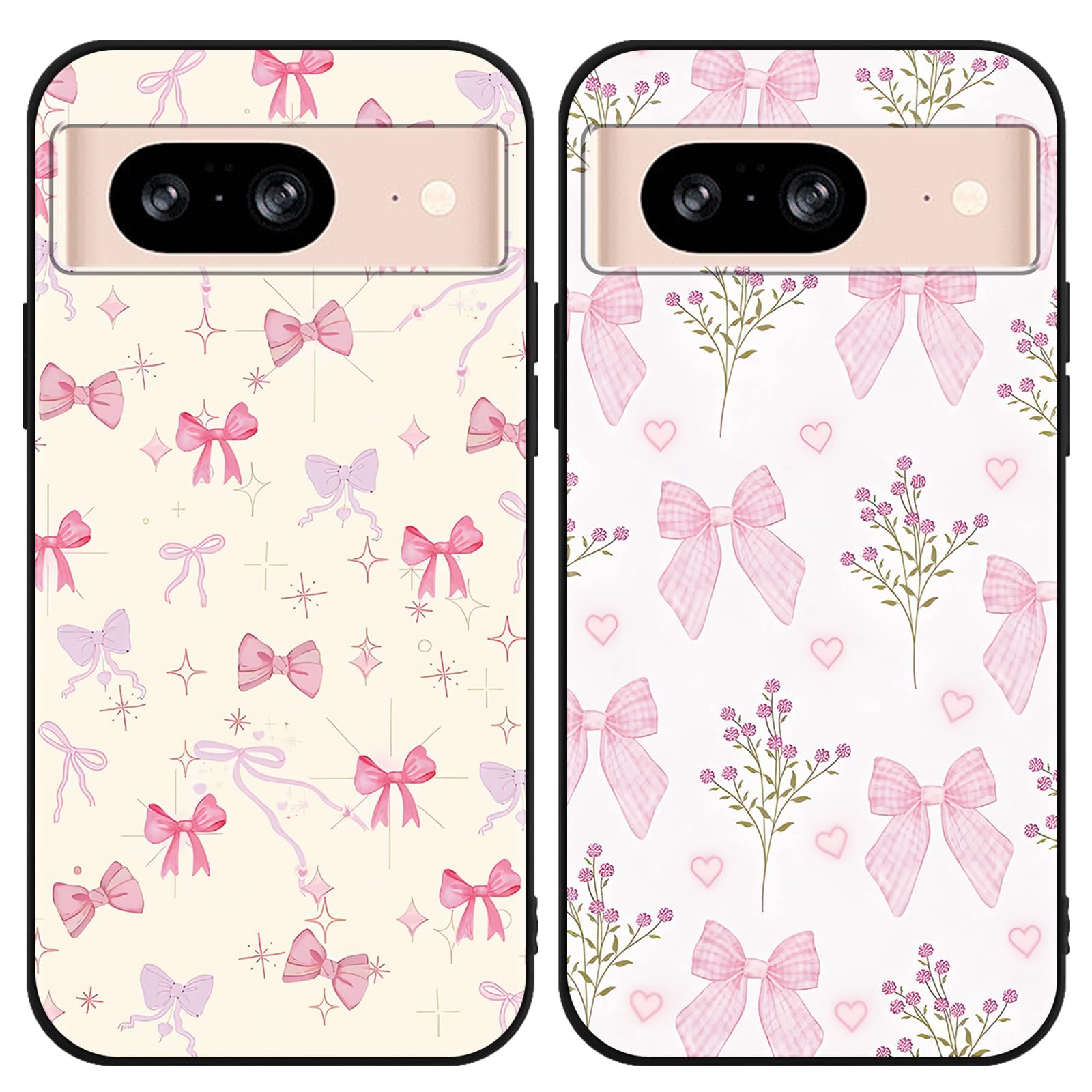 Zrutru 2 Pack Pink Bow Phone Case for Google Pixel 8 5G 6.2",Cartoon Cute Kawaii Ribbon Bowknot Floral Flower Pattern Cases Aesthetic Design,Black TPU