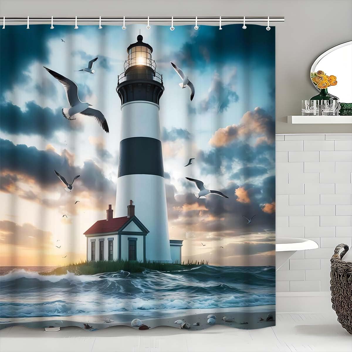 GLWDMB 1 Piece 90x180CM Creative Nautical Elements Lighthouse Printed Shower Curtain With Hook, Polyester, for Windows And Walls, Bathtub, Bathroom, Machine Washable, All Season Universal