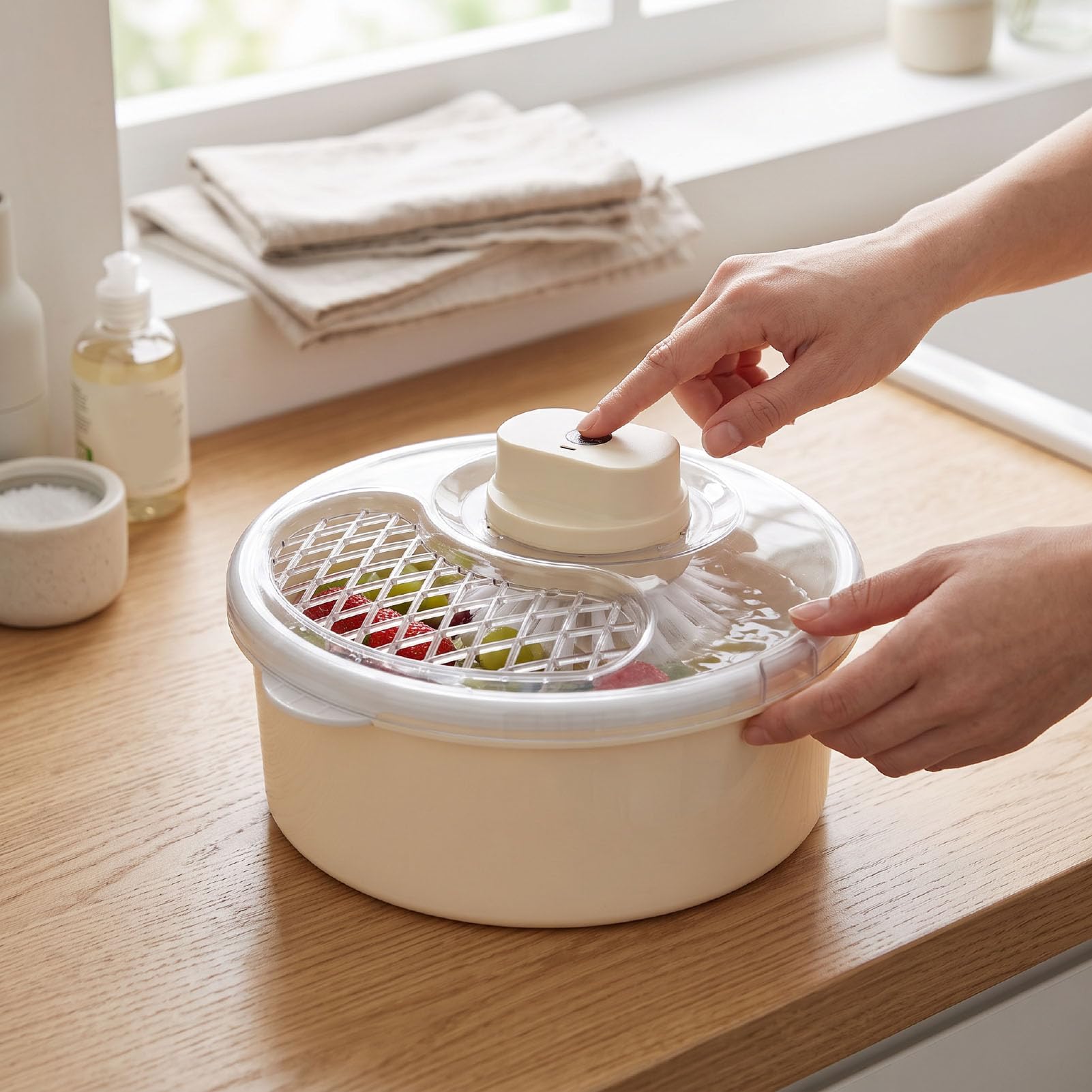 Essoreuse à Salade 4L, Laveuse-sécheuse à Fruits avec Panier Passoire | Batterie 1200 MAh, Rechargeable, Portable, pour Baies Vertes