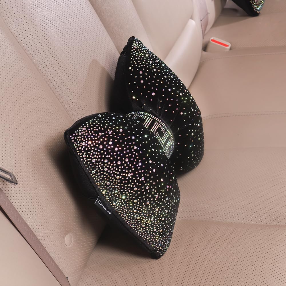 Carwales Bow Neck Support Pillow for Driving Seat Travel Head Rest Sparkly Bling Car Accessories Sparkly Rhinestone Headrest Black 2pcs for Women Men
