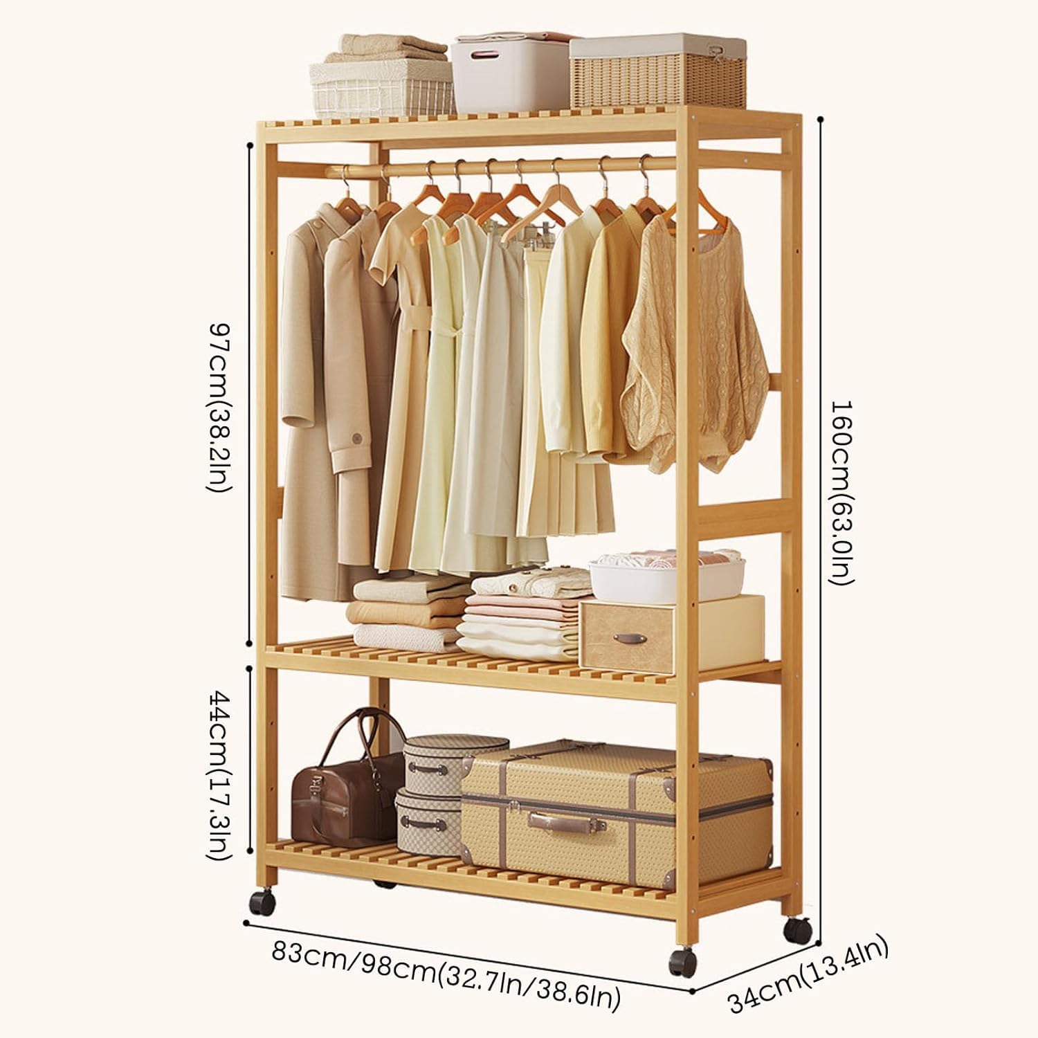 Bambusowy wieszak na ubrania z 4 uniwersalnymi kółkami, wieszak na ubrania 4 w 1, otwarta szafa do przedpokoju, sypialni, łazienki i biura, 83 cm (98 cm)