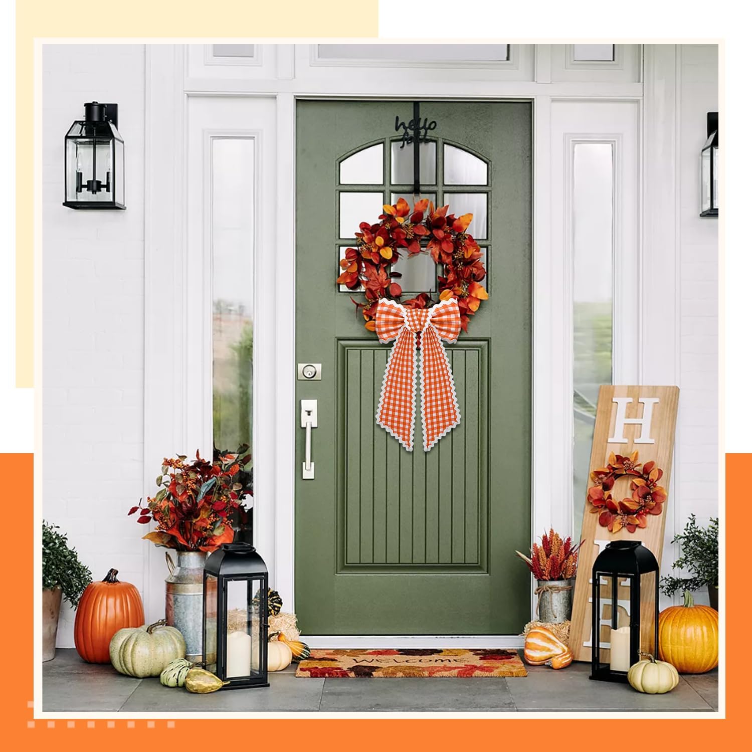 2 Pcs Orange and White Plaid Wreath Sash for Front Door Scalloped Ribbon Sash for Home Yard Outdoor Indoor Doorway Decor