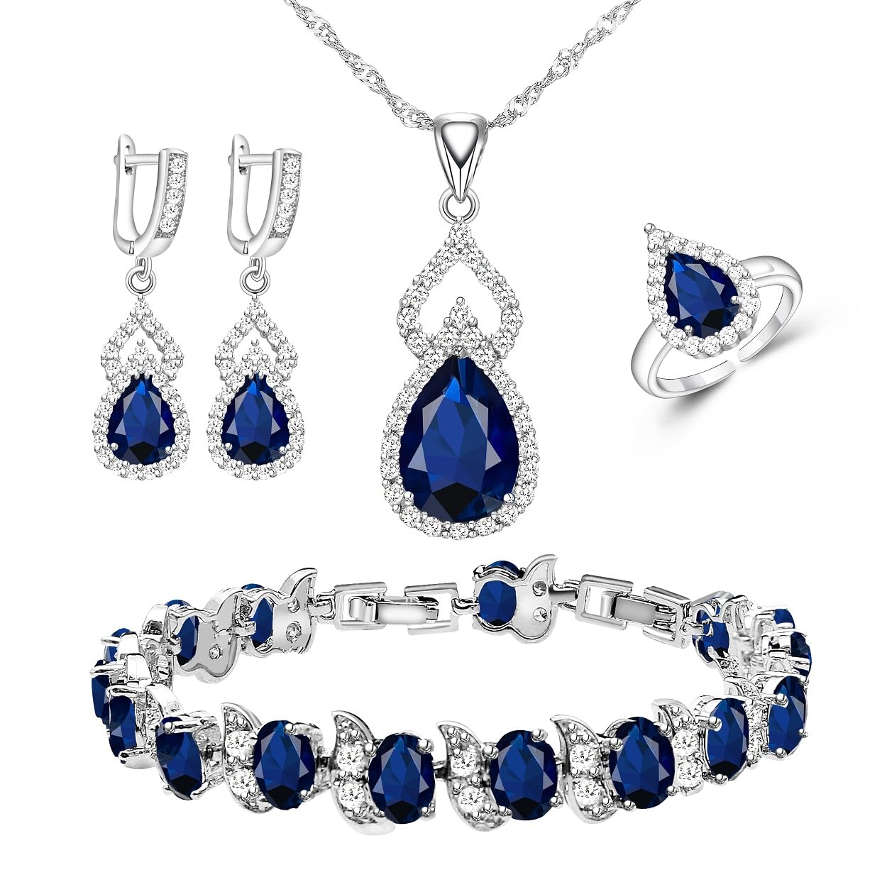 Women Jewelry Set Platinum Plated Necklace Open Ring Earrings Bracelet Set,Birthday/Anniversary Mother’s Day Jewelry Gifts for Mom/Wife/Sister/Best Friend