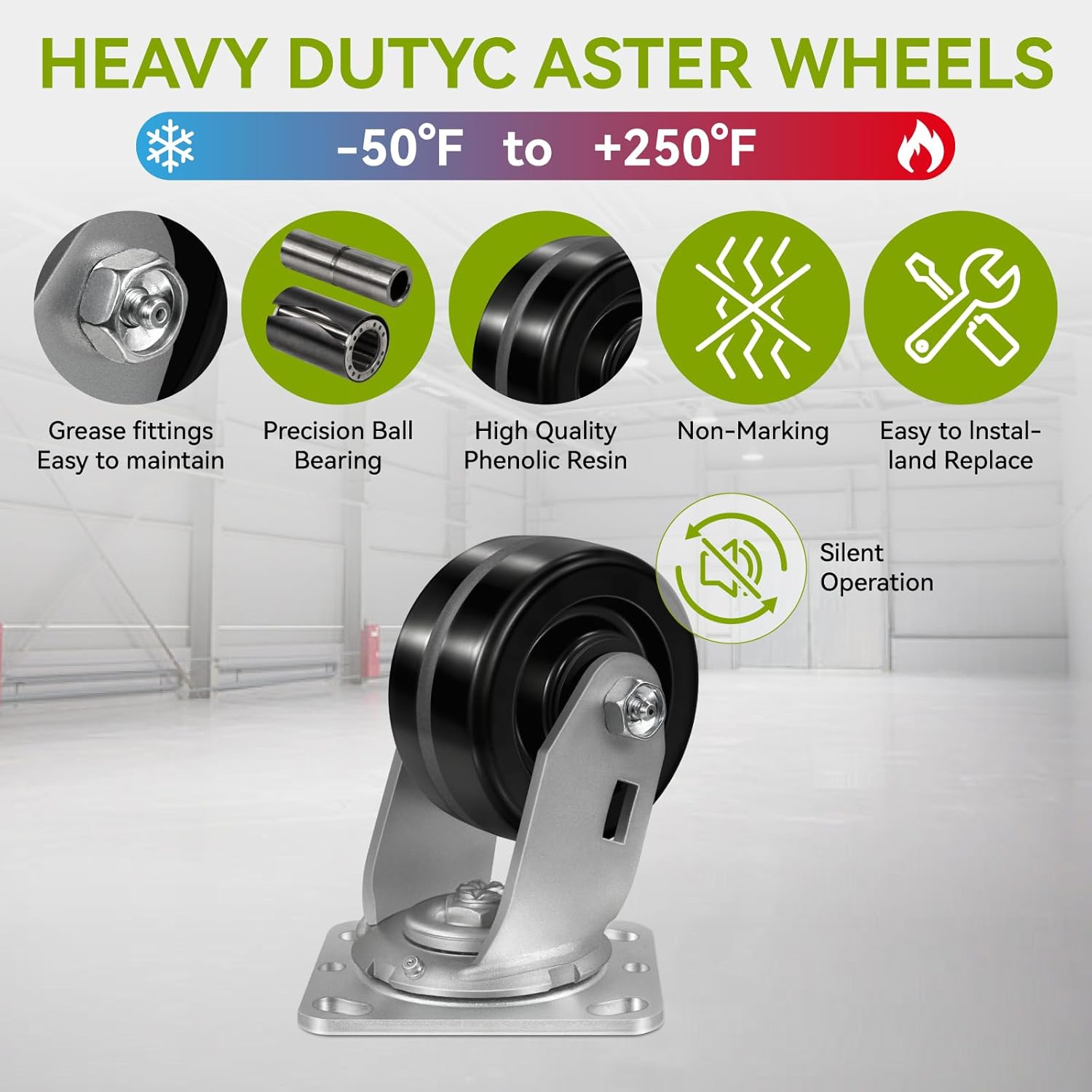 4" X 2" Heavy Duty Casters, High Temperature Phenolic Wheel, Highly Flame Retardant, 800lbs Load, Roller Bearing, Non-Marking & Abrasive for forging Shop(1 Swivel)