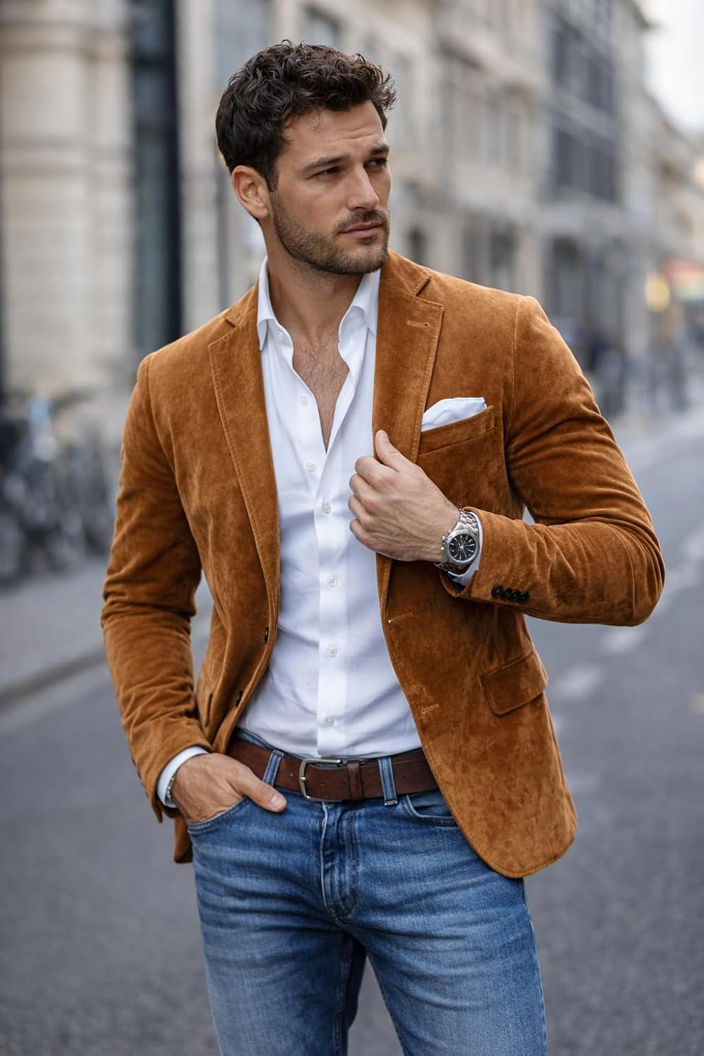 Men's Faux Suede Blazer Peak Lapel Slim Fit Single-Breasted Business Suit Jacket Formal Wedding Party Sport Coat Camel 3X-L
