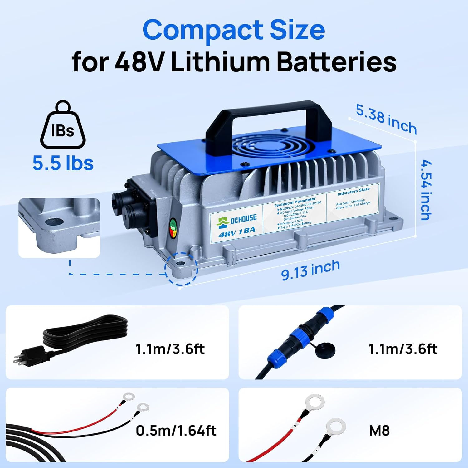 Charger with dimensions labeled: 9.13 inches, 5.38 inches, 4.54 inches