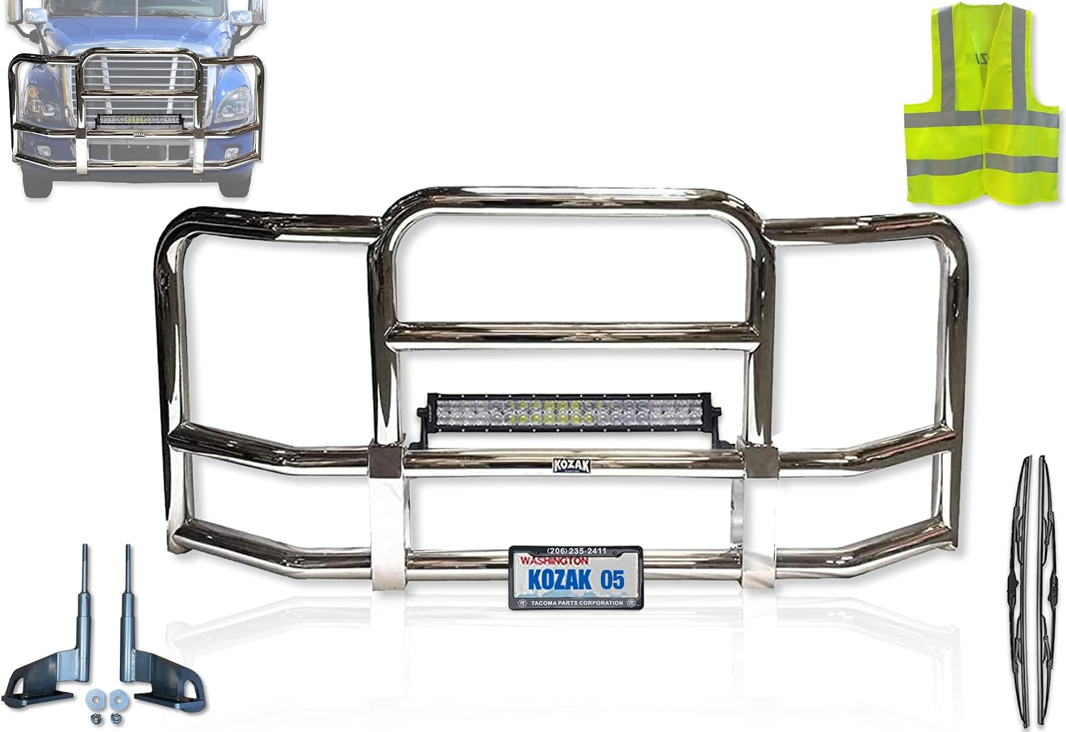Full Front Bumper Grille Deer Brush Moose Guard Compatible with Cascadia 2008-2017 -Chrome Square - 22" LED Bar, License Plate Holder, Bracket, Logo, Vest Included