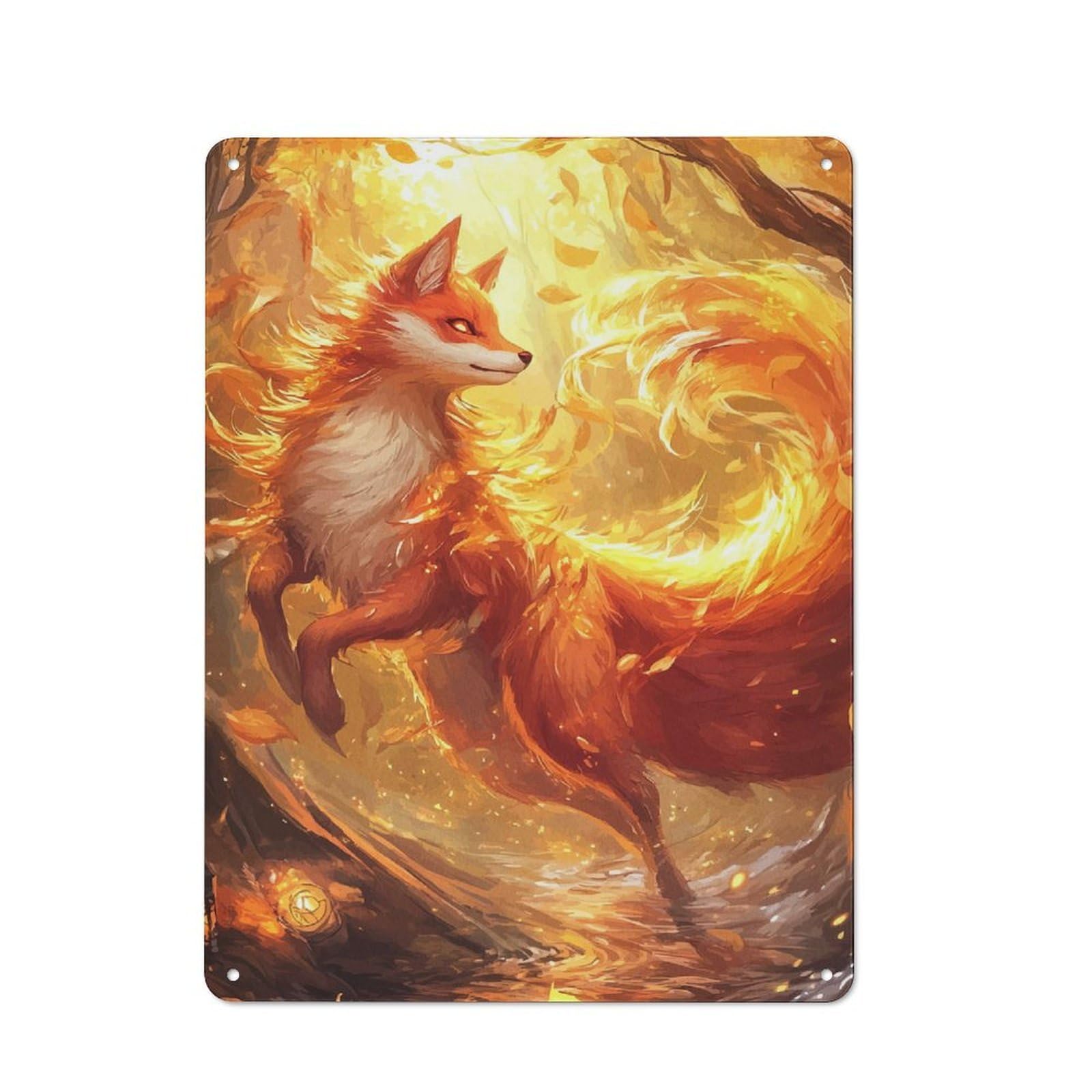 Character Decorative Tin Plaque 40x30cm Featuring Fiery Fox in Autumn Forest, Small Space Decor for Bedroom, Kitchen, Office Or Living Room