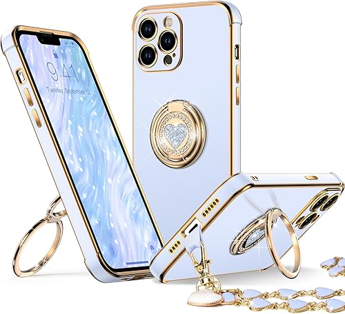 Miniatura 38 de XYZ Funda para iPhone 14 con soporte, funda para teléfono con soporte de doble anillo, para mujeres y niñas, funda transparente con purpurina de Oro
