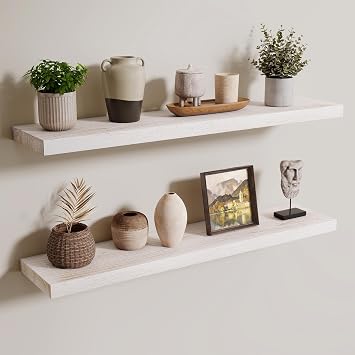 Axeman Floating Shelves for Wall, 8 Inch Deep Rustic Solid Elm Wood Wall Shelves for Storage, Wall Mounted Display Shelving with Invisible Heavy-Duty Metal Bracket, 36 Width Set of 2, White Wash