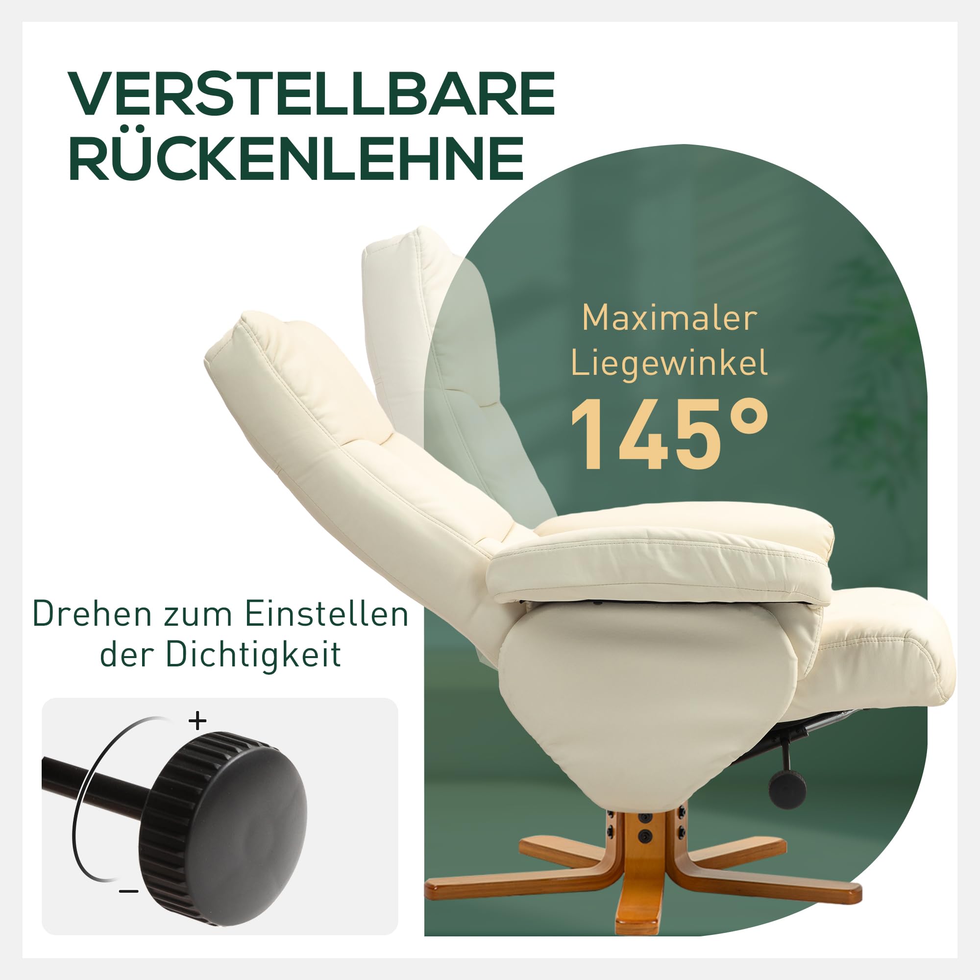 HOMCOM Relaxsessel mit Hocker, 360°drehbarer Fernsehsessel mit Liegefunktion Lesesessel für Schlafzimmer, Wohnzimmer, Kunstleder, Cremeweiß