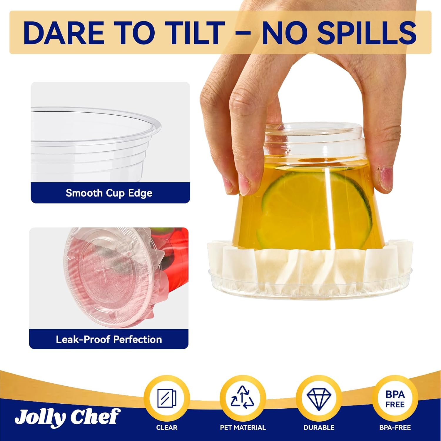 JOLLY CHEF 200 Sets 9 oz Clear Plastic Cups with Flat Lids, and Paper Lid Liners, 9 Ounce Plastic Cups with Flat Lids for Parfait, Snacks, Fruit, Pudding