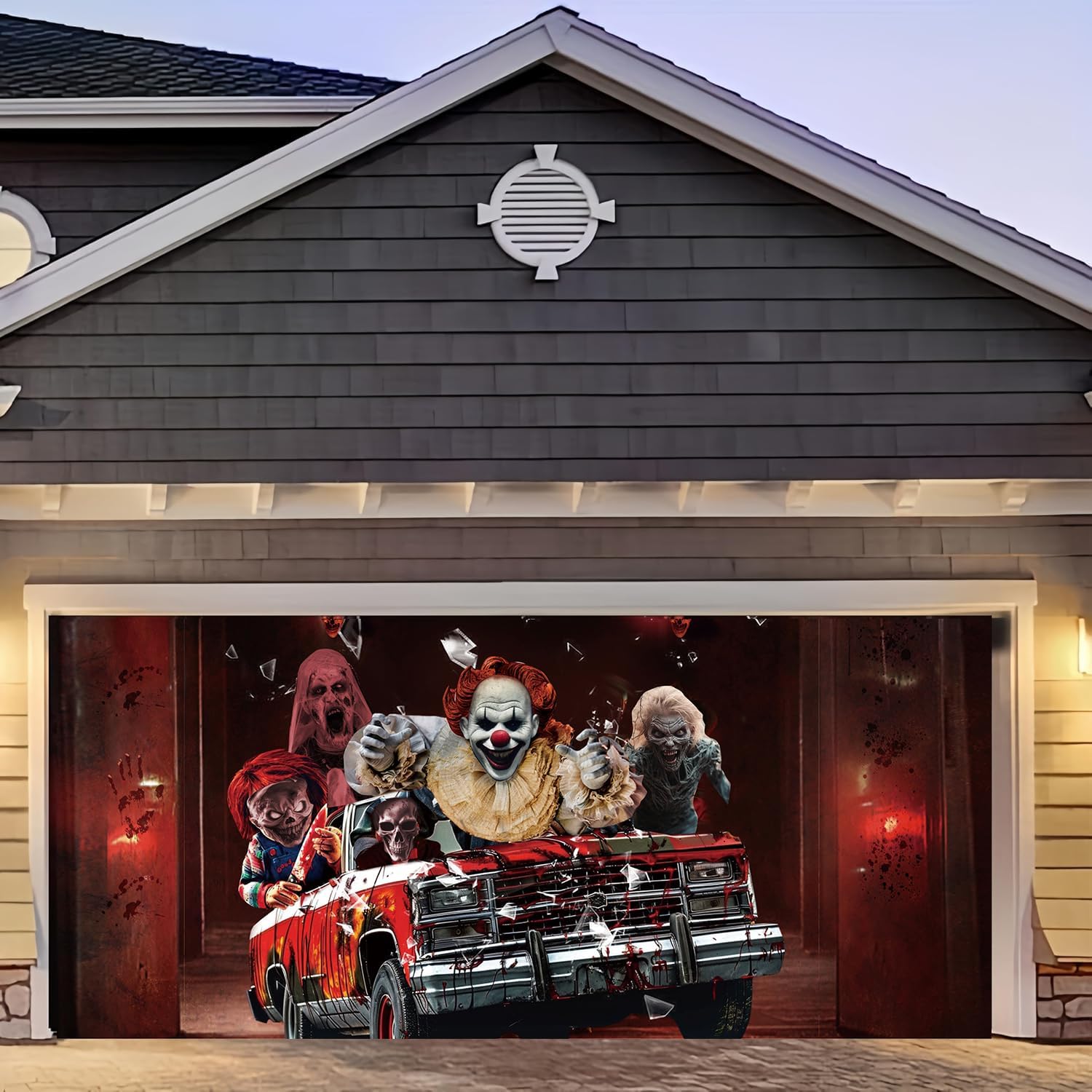 Halloween Garage Door Decorations Banner - 7 x 16 ft, Horror Movie Characters Garage Door Cover for Double Car Garage, Hanging Halloween Backdrop Mural for Outdoor Party Wall Yard Decor