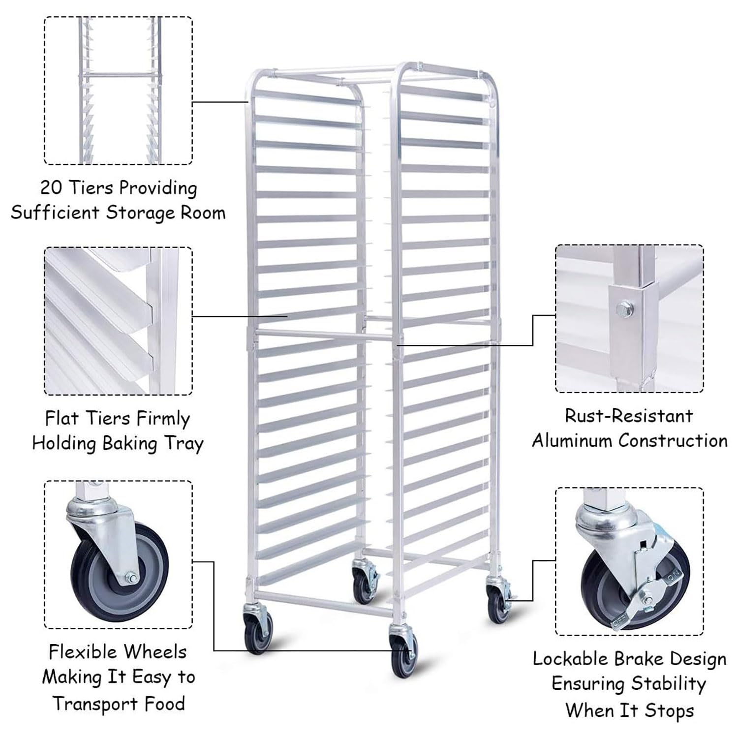 Scaffale mobile in alluminio a 20 ripiani con 4 ruote, perfetto per panetteria, cucine domestiche e commerciali, ideale per ristoranti, pizzerie e catering