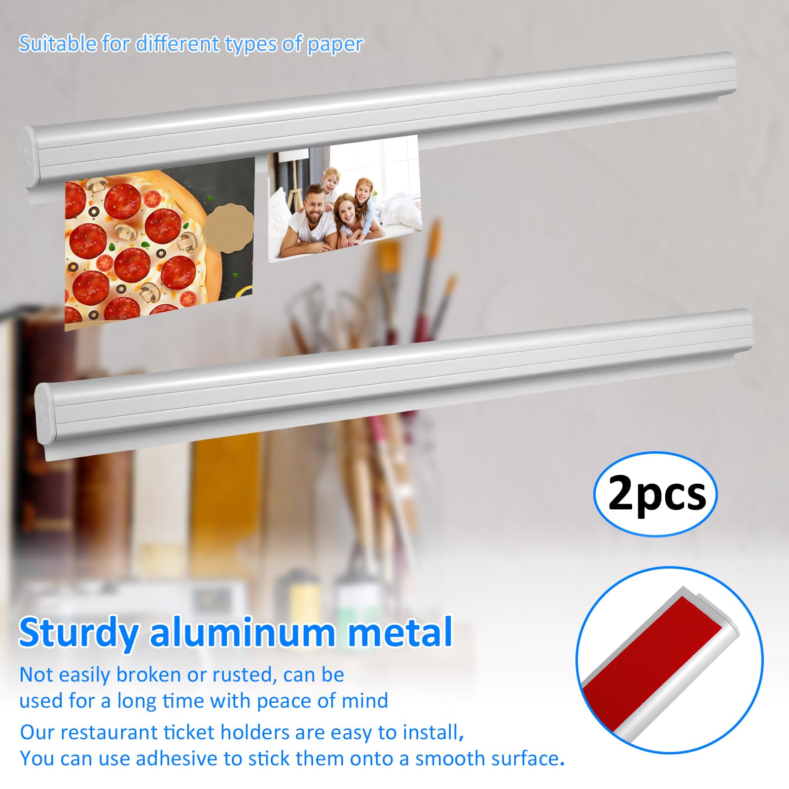 2 Pcs Restaurant Ticket Holder, 19.7 Inch Desk Receipt Holder, No Drill Restaurant Order Ticket Holder, Slide Check Rack, Kitchens Ticket Rail Bill Order Display Rack for Restaurant Cafe Pub Bar