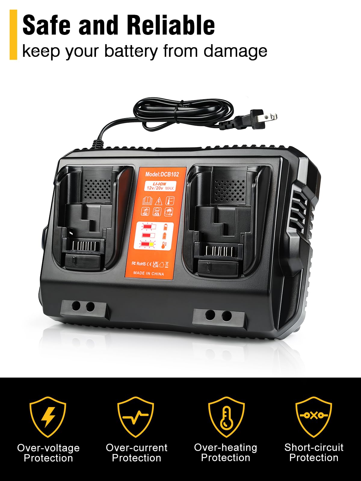 DCB102 Zamiennik dla stacji ładowarki akumulatorów Dewalt kompatybilna z ładowarką akumulatorową Dewalt 12 V/20 V, działa z akumulatorem Dewalt 20 V