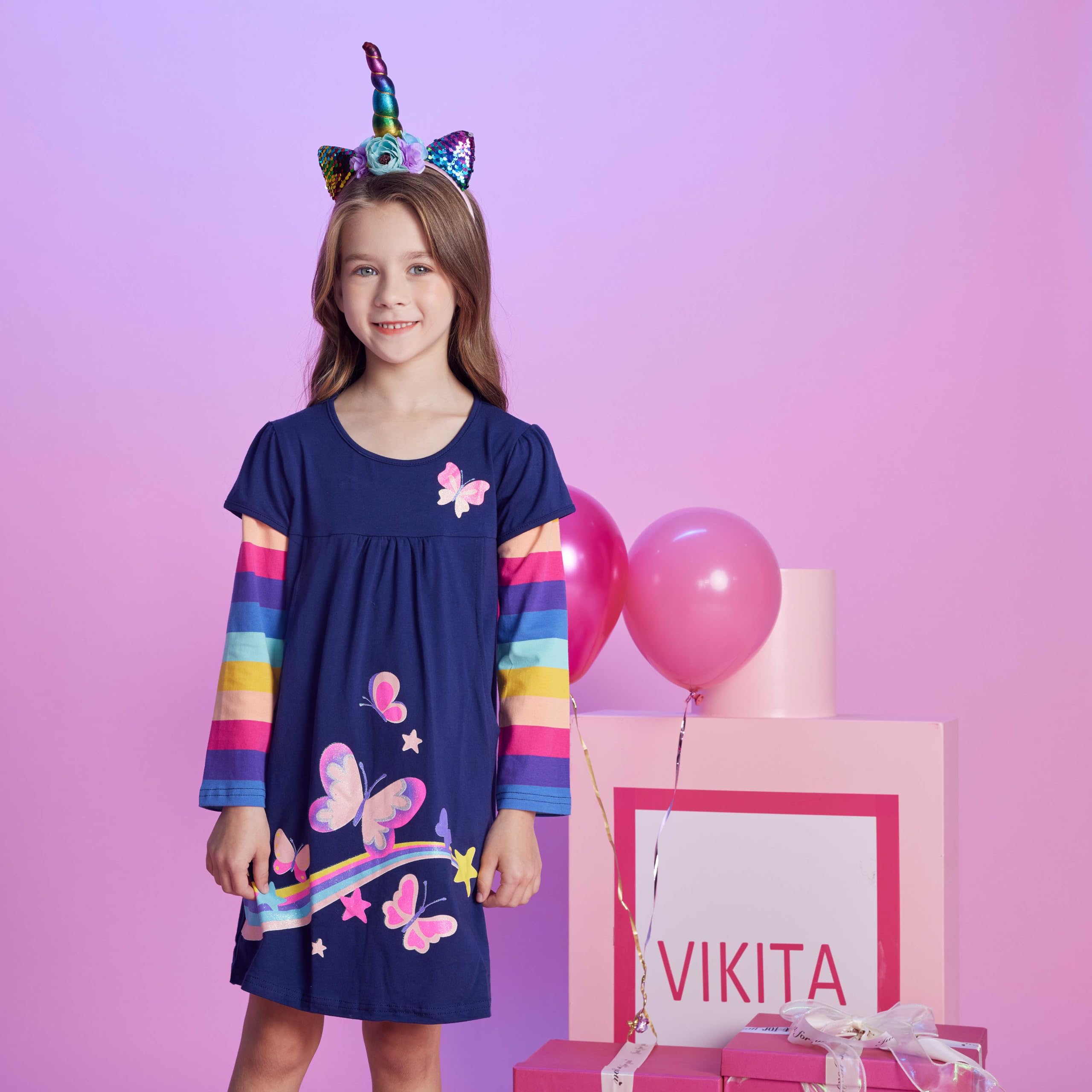 VIKITA Niñas Vestidos Algodón Animal Bordado Manga Larga Vestido para Niños — view 2