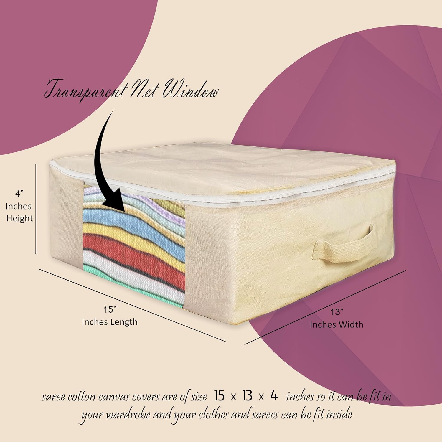 Canvas Storage Bag - Saree Covers with Zip | Canvas Saree/Garment Storage Bag for Dresses, Sarees, Lehengas, Clothes (CANVAS STORAGE BAG L-PACK OF 5, 15 × 13 × 4 Inches PACK OF 5)