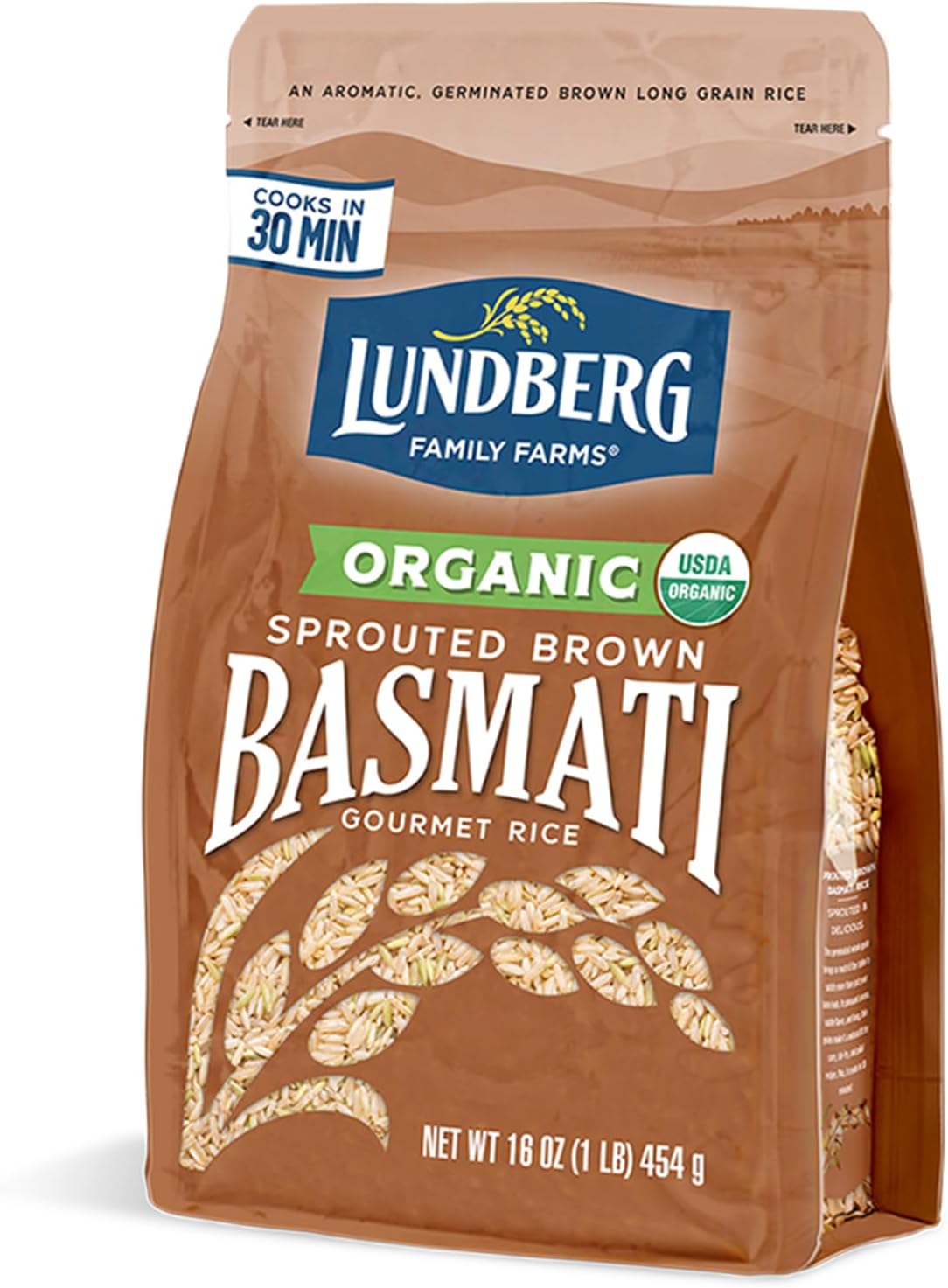 Lundberg Basmati Rice, Organic Sprouted Brown Long Grain Rice - Nutty & Nutritious Brown Rice Grown in California, Ready to Eat in 30 Minutes, Pantry Staples, 16 Oz