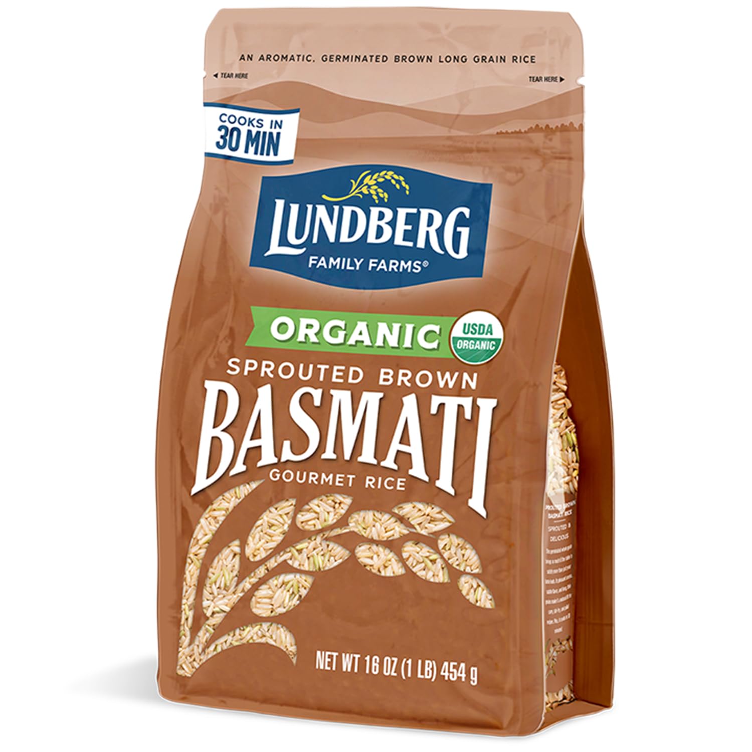 Lundberg Basmati Rice, Organic Sprouted Brown Long Grain Rice – Nutty & Nutritious Brown Rice Grown in California, Ready to Eat in 30 Minutes, Pantry Staples, 16 Oz