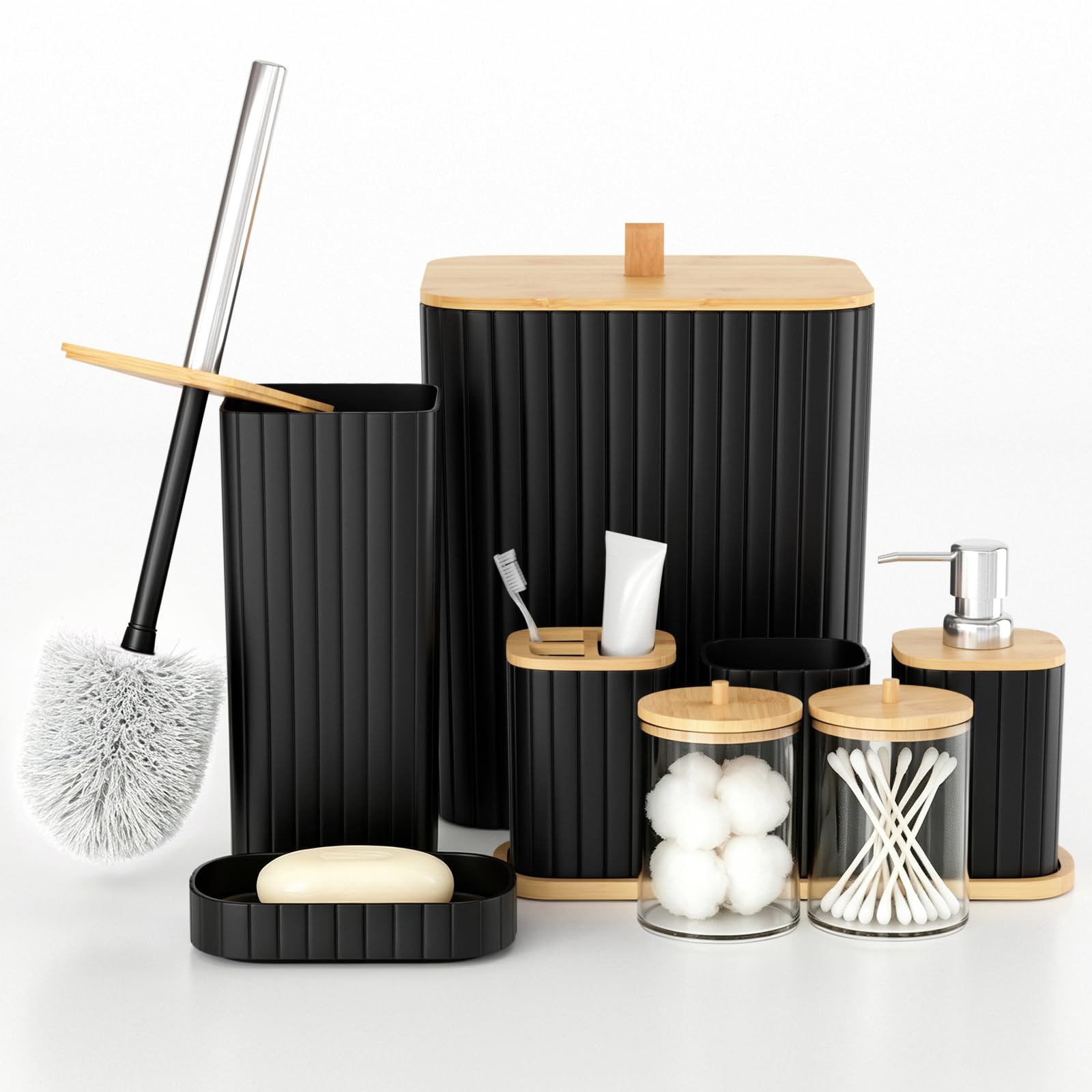 Capslpad Set di 9 accessori da bagno moderni con cestino, scopino per WC, portaspazzolino, tazza per spazzolino da denti, dispenser di sapone per lozione, portasapone, porta Qtip, vassoio per la