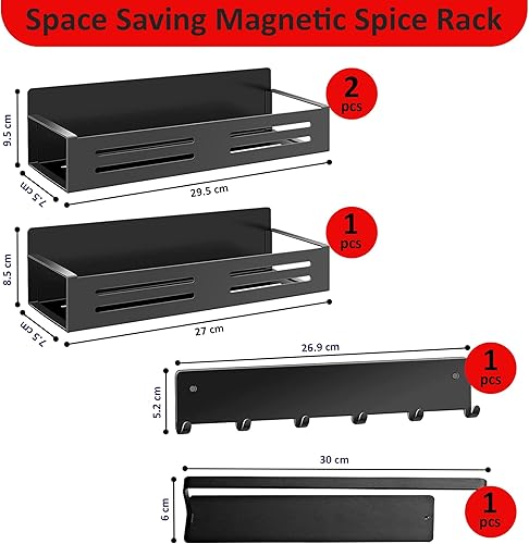 Miniatura 2 de Paquete de 3 organizadores magnéticos para especias para refrigerador con 1 barra de ganchos, organizador magnético para refrigerador con soporte de