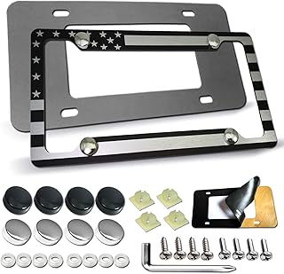 Aootf American Flag License Plate Frame - USA Aluminum MetalÂ License Plate Cover Auto Car Truck Tag Holder Thin Blue Line Black and White Stripes with Stainless Steel Screws,Anti-Rattle Foam Pad