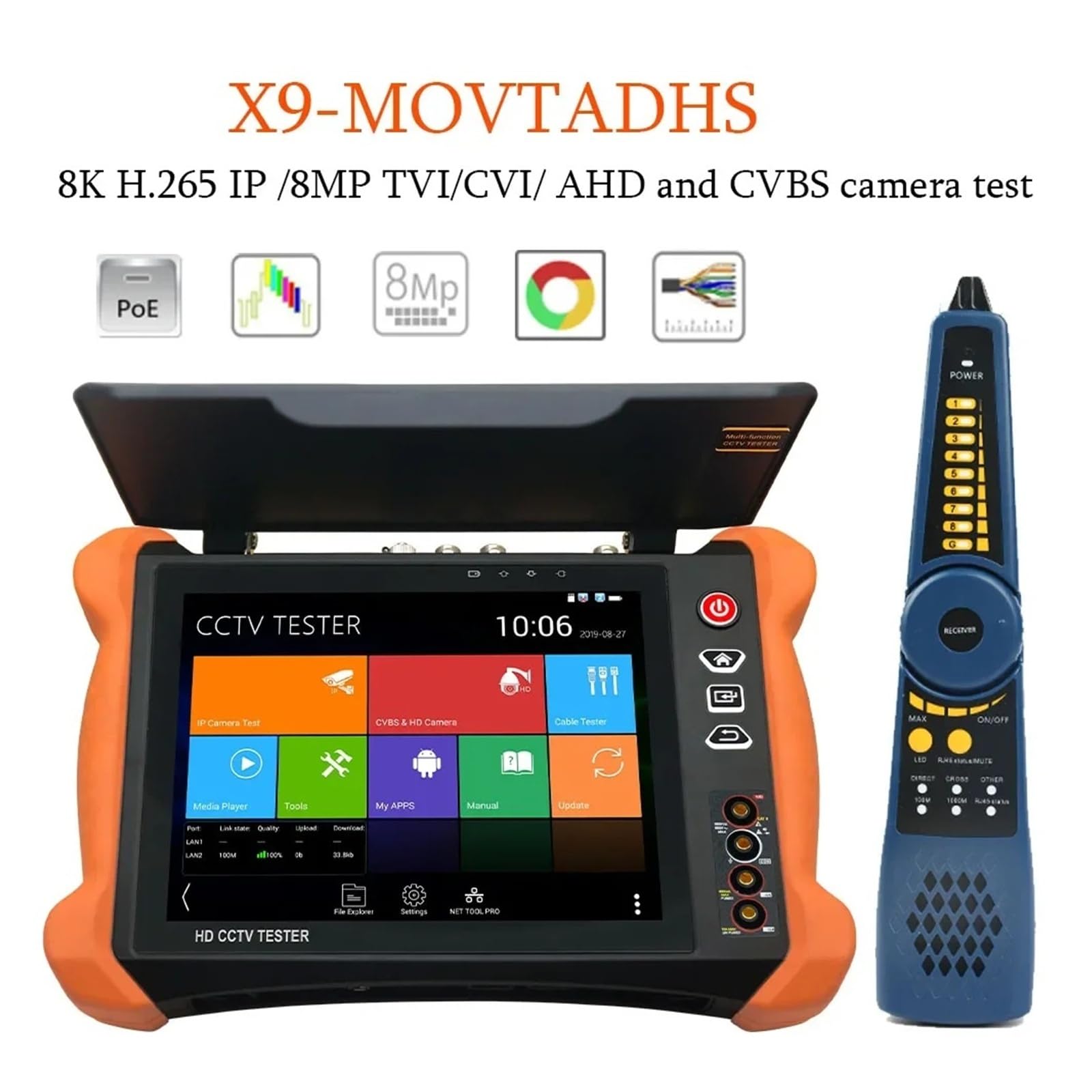 Testeur de vidéosurveillance HD 8K 8 pouces, moniteur IP /8MP TVI/CVI/AHD et caméra CVBS, testeur HD SDI/EX SDI, résolution 2048x1536, compteur de vidéosurveillance(X9-ADHS PRO)