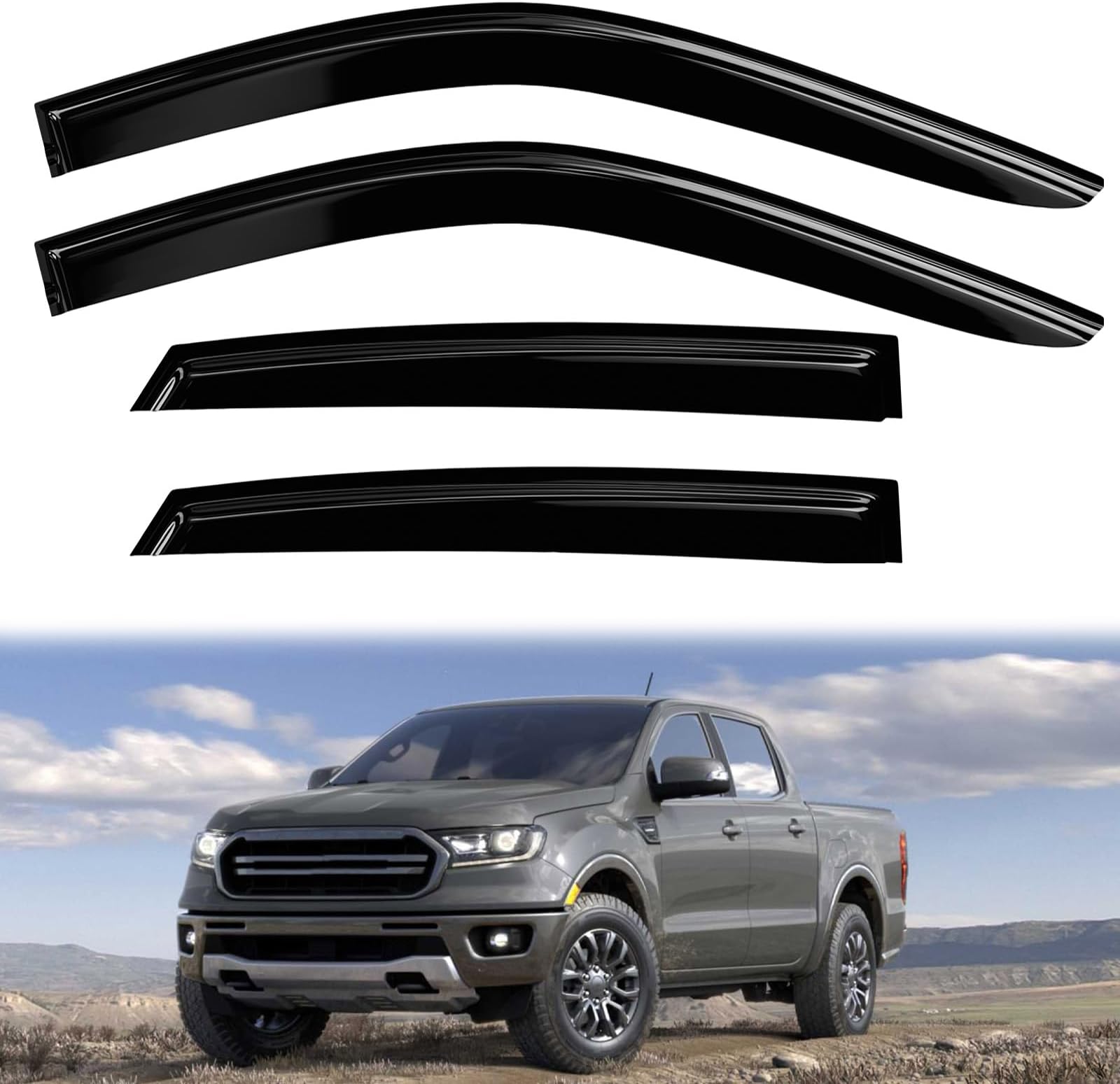 4PC Rain Guards for 2019-2023 Ford Ranger XLT Lariat XL SuperCrew Cab in-Channel Window Visors Deflectors Sun Shades Vent