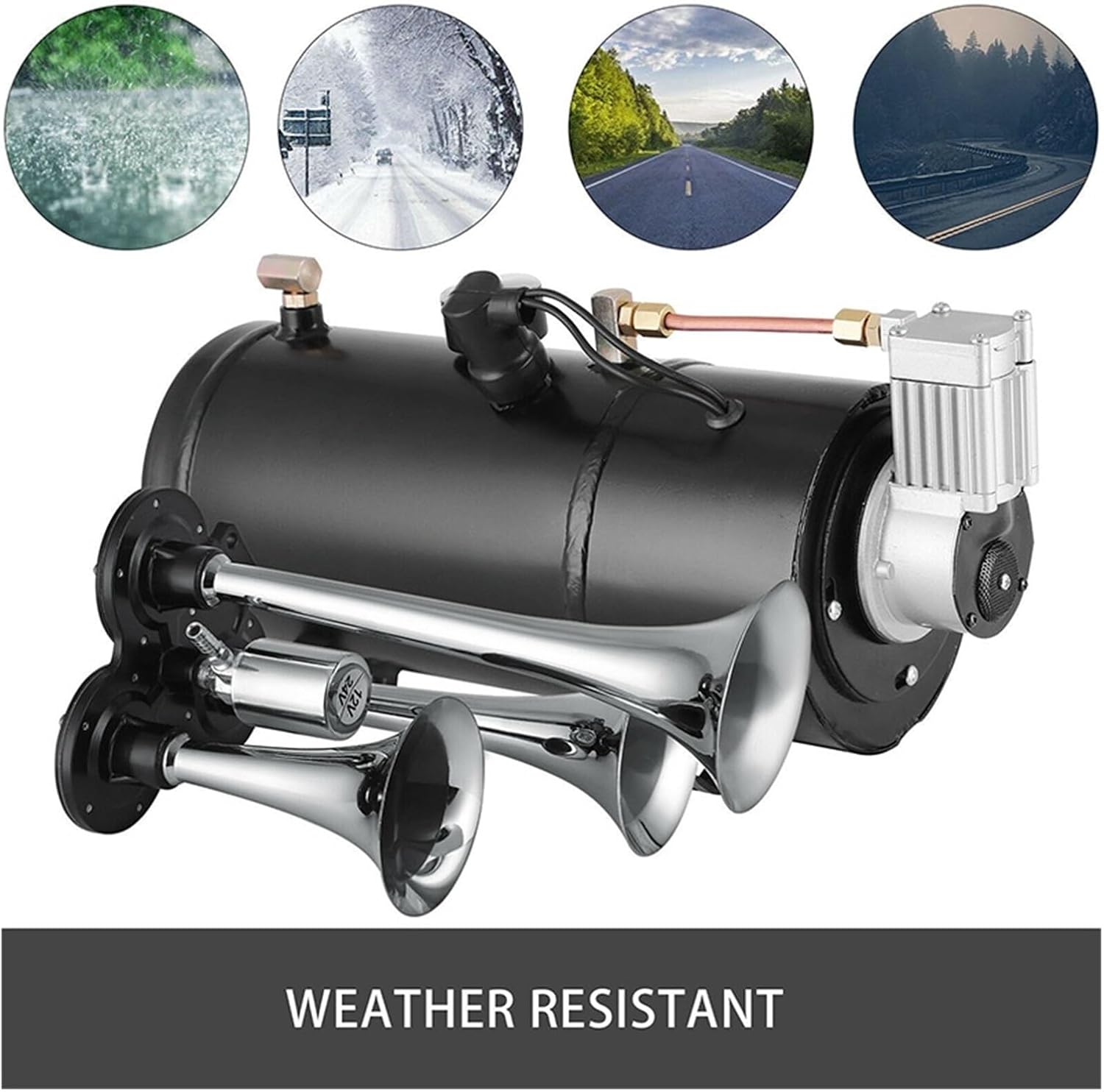 3/4 Trumpets 12V 150DB Loud Air Horn Train Horns Kit Compatible with Max 150 PSI Working Pressure Compatible with Truck Cars SUV Boat Tractor RV ORV