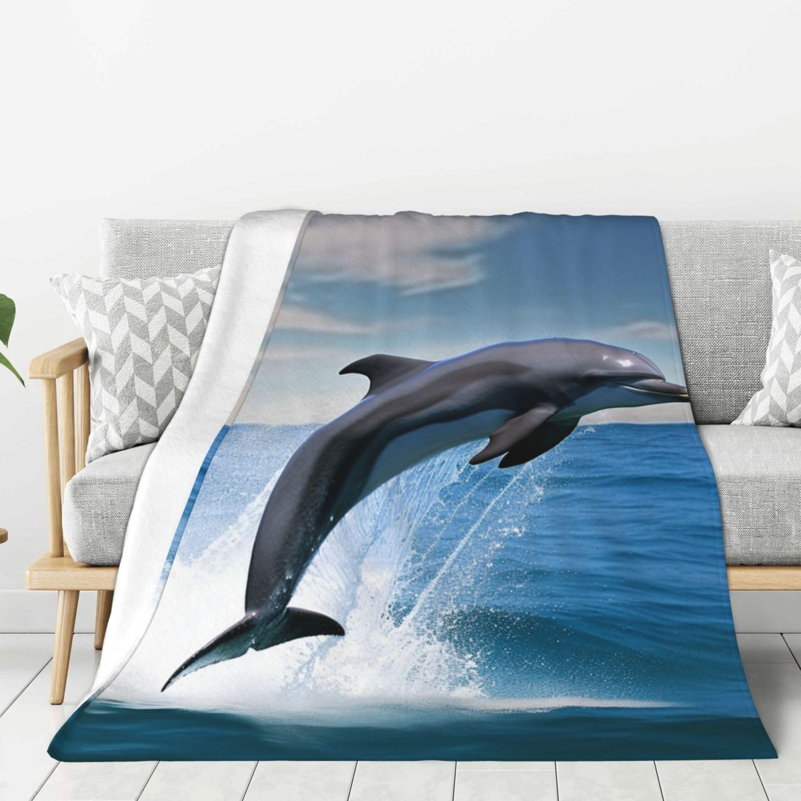 Jumping Up Dolphins Throw Blanket Plush Flannel Fleece Blanket, Soft Lightweight Cozy Blankets 80"X60" for Bed Couch Sofa Travel