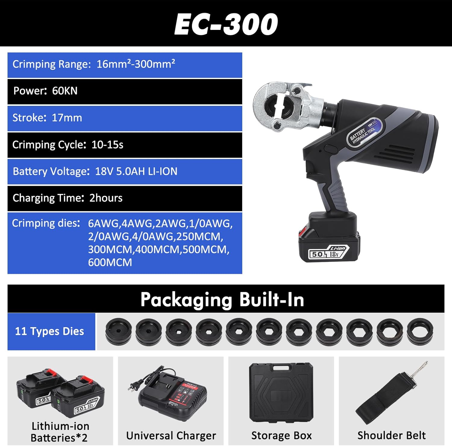 Electric Hydraulic Crimping Tool Rechargeable 6AWG to 600MCM for Cu/Al Terminals with 11 Dies Efficiency and Safety Non-Serrated Lug Crimper Tool Kit for Circuit Repairs(EC-300)